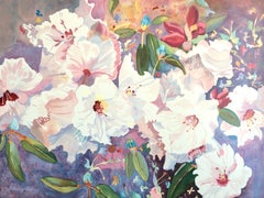 CHINESE RHODODENDRONS, lithographie dessinée à la main, aquarelle, fleurs, couleurs pastel