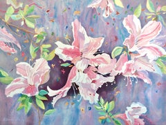 Lithographie japonaise signée, aquarelle florale, rose, lavande, verte