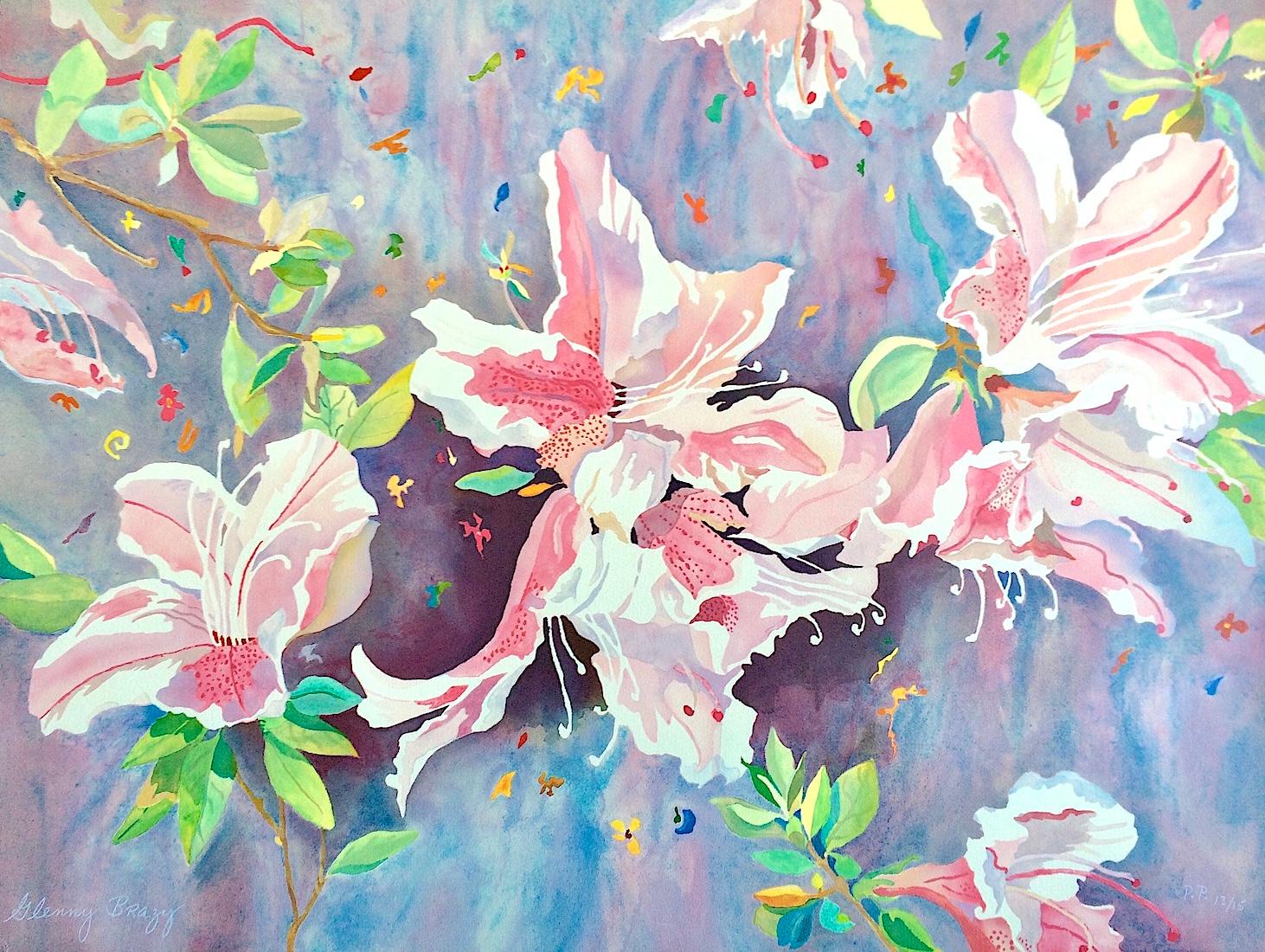 Lithographie japonaise Azaleas signée, aquarelle florale, rose, lavande, verte