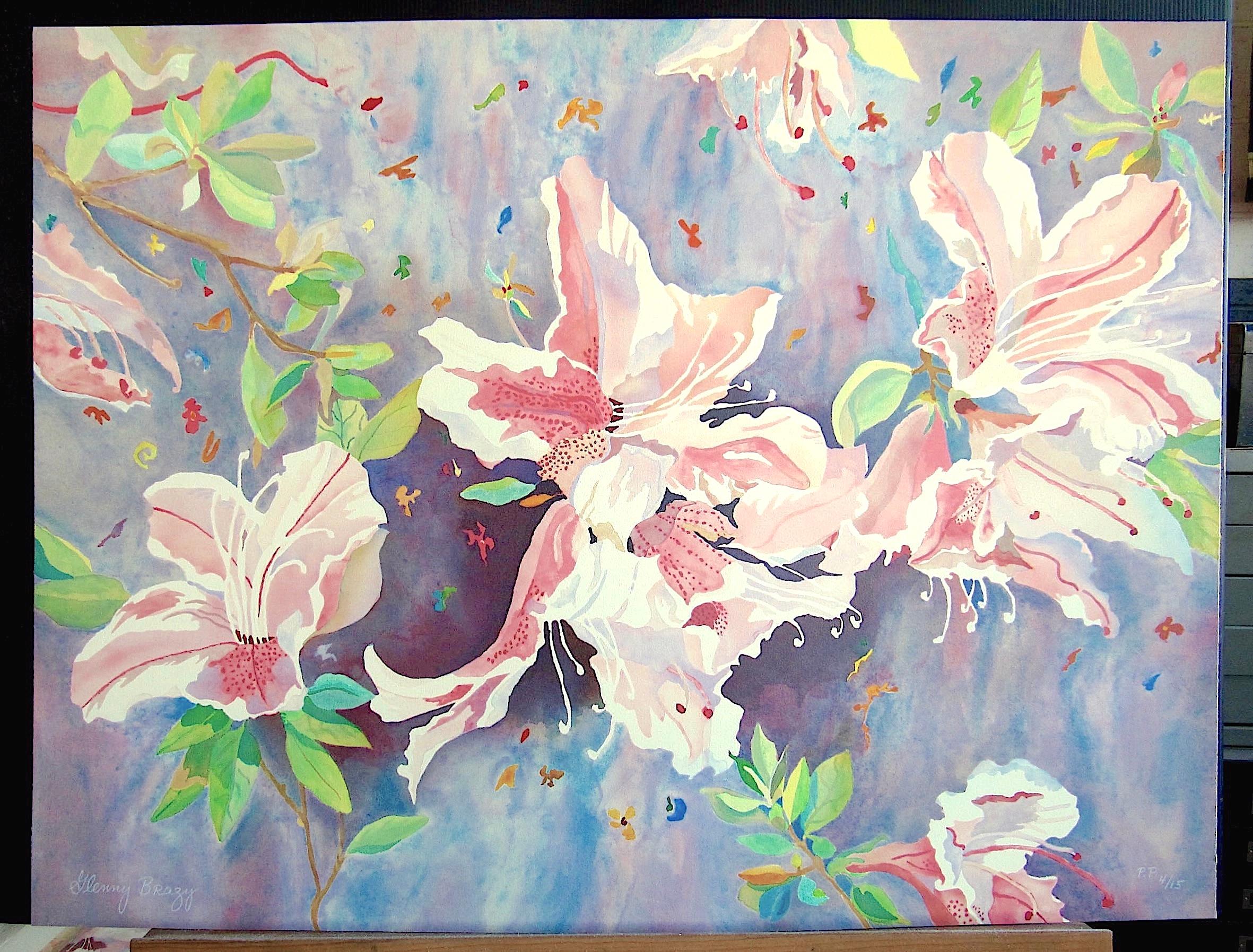 Litografia firmata JAPANESE AZALEAS, Acquerello Floreale, Rosa, Lavanda, Verde in vendita 2