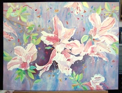 Litografia firmata JAPANESE AZALEAS, Acquerello Floreale, Rosa, Lavanda, Verde