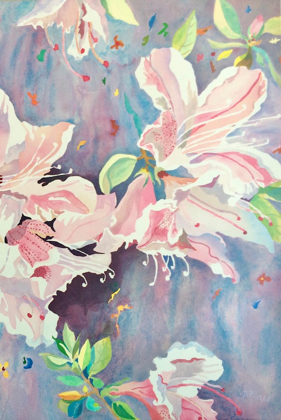 Litografia firmata JAPANESE AZALEAS, Acquerello Floreale, Rosa, Lavanda, Verde in vendita 3