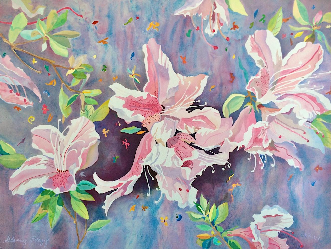 Litografia firmata JAPANESE AZALEAS, Acquerello Floreale, Rosa, Lavanda, Verde