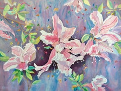 Litografia firmata JAPANESE AZALEAS, Acquerello Floreale, Rosa, Lavanda, Verde