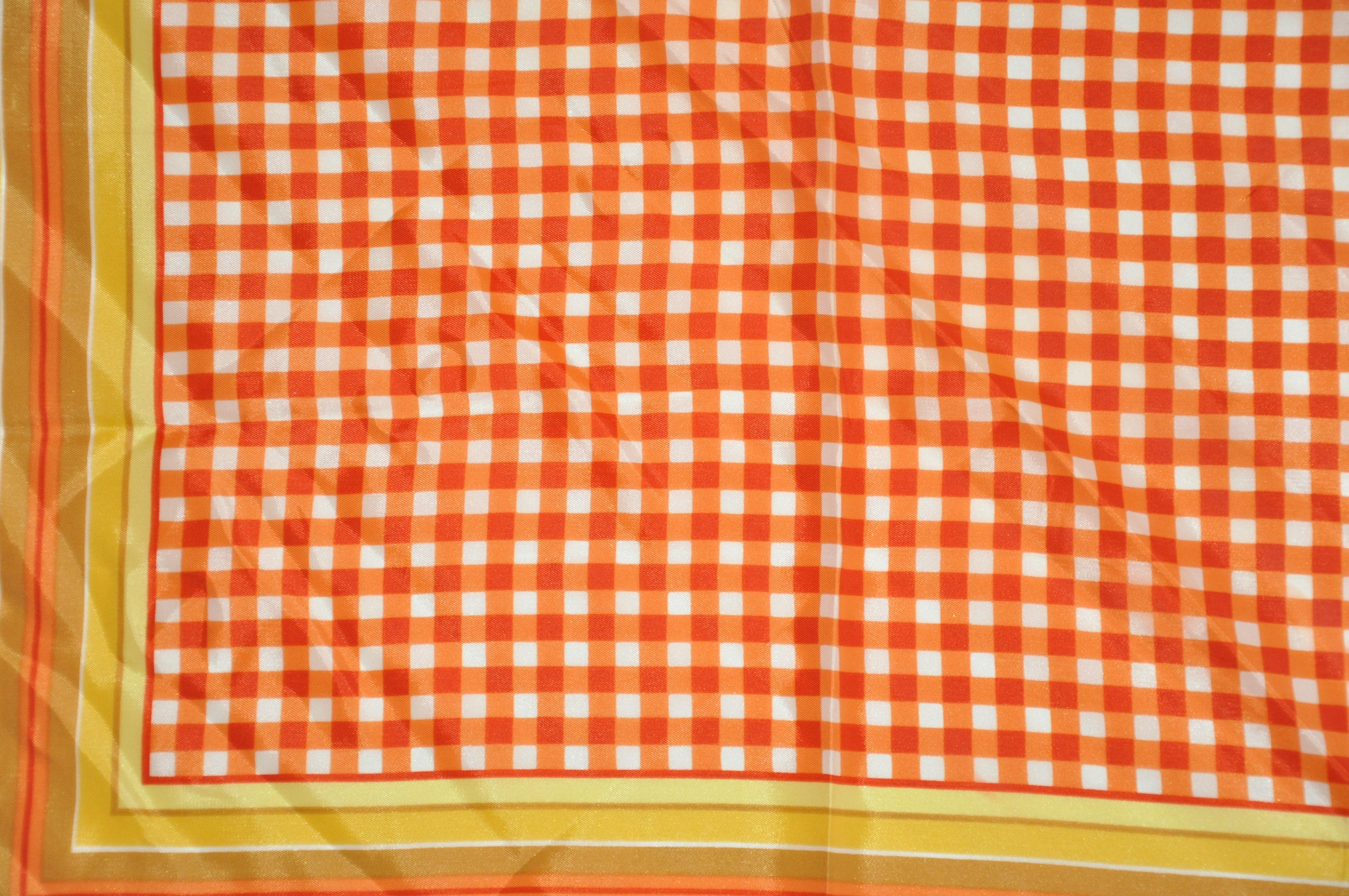 Orange Glentex Multi-Stripe Borders with Red, Tangerine & White Checker Center Scarf For Sale