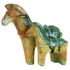 Gli Etruschi, Ivo De Santis Pair of Green/Ochre Horses, Italy, circa 1960