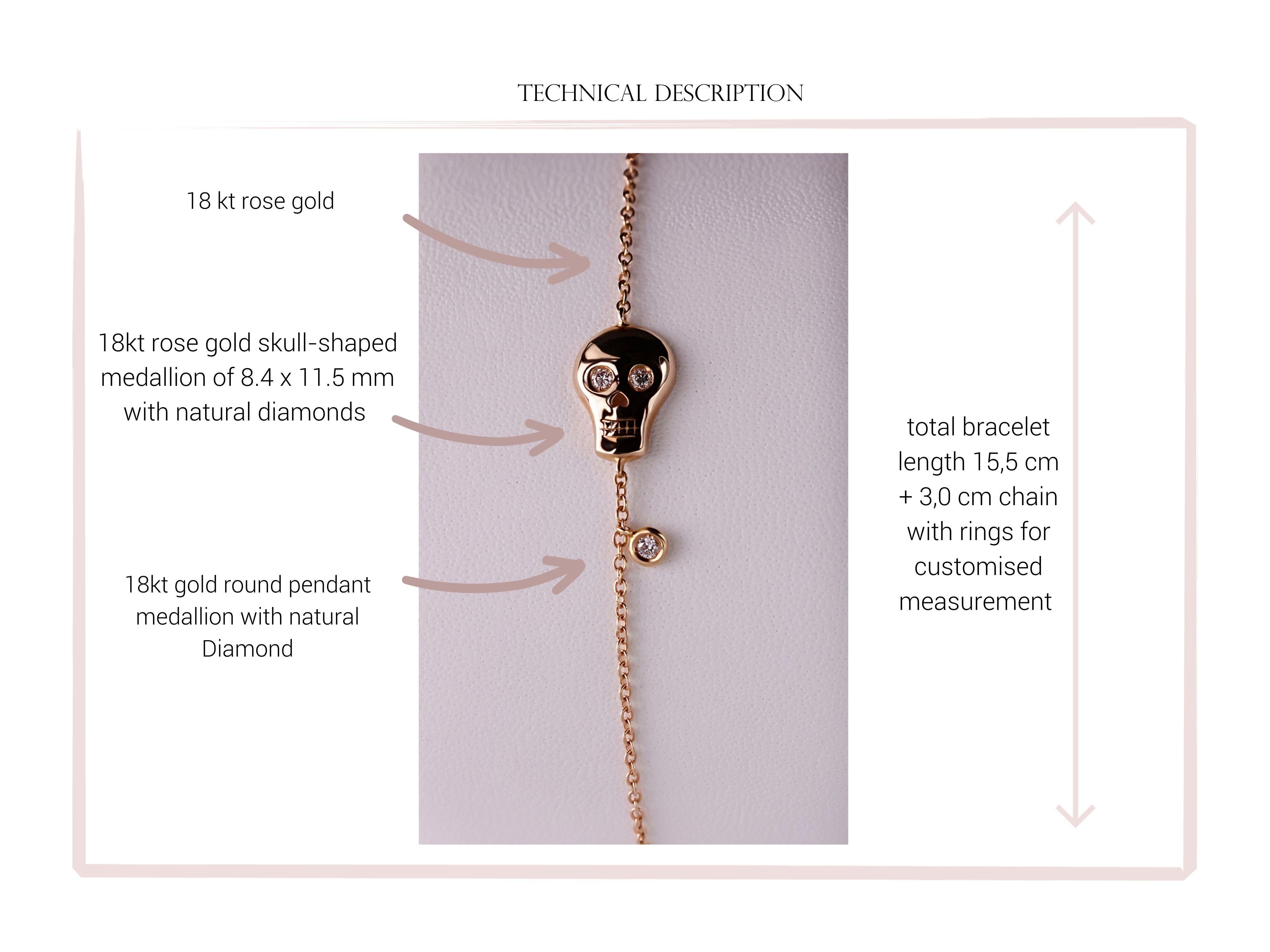 Women's or Men's Glimmering Gaze: Rose 18kt Gold Skull Bracelet with Diamond Eyes For Sale