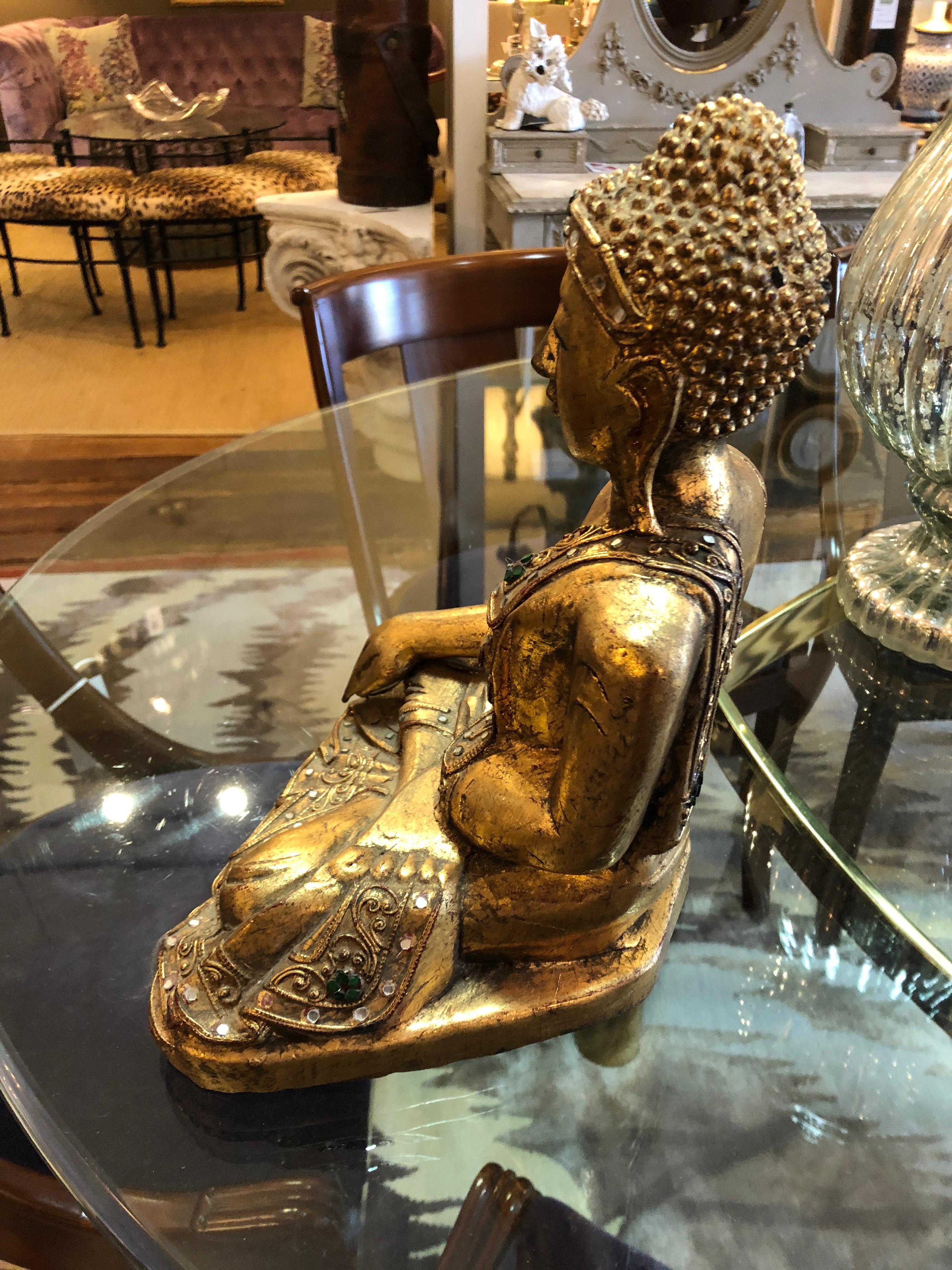 Indonesian Glimmering Giltwood and Bejeweled Buddha Statue