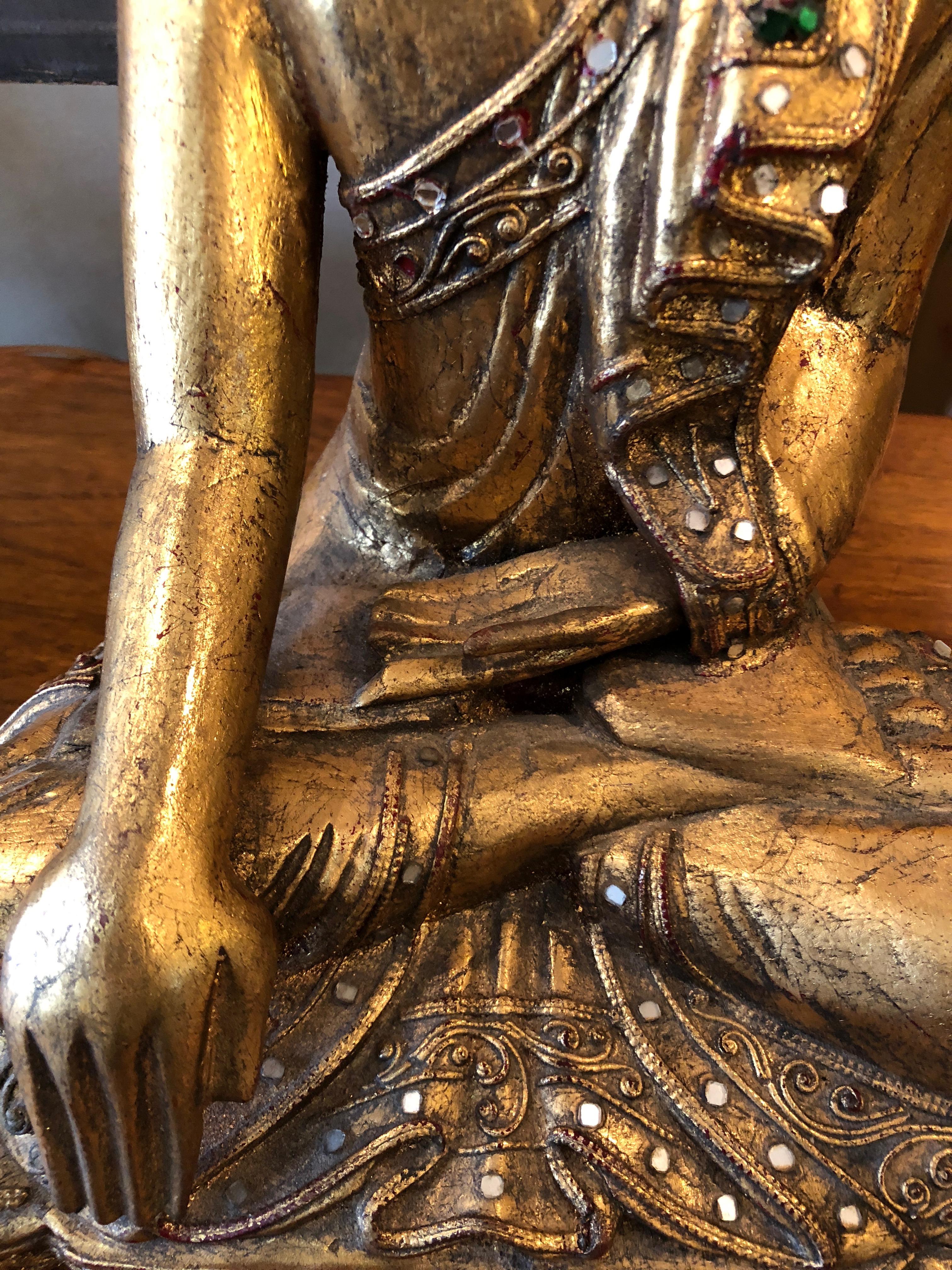 Glimmering Giltwood and Bejeweled Buddha Statue In Excellent Condition In Hopewell, NJ