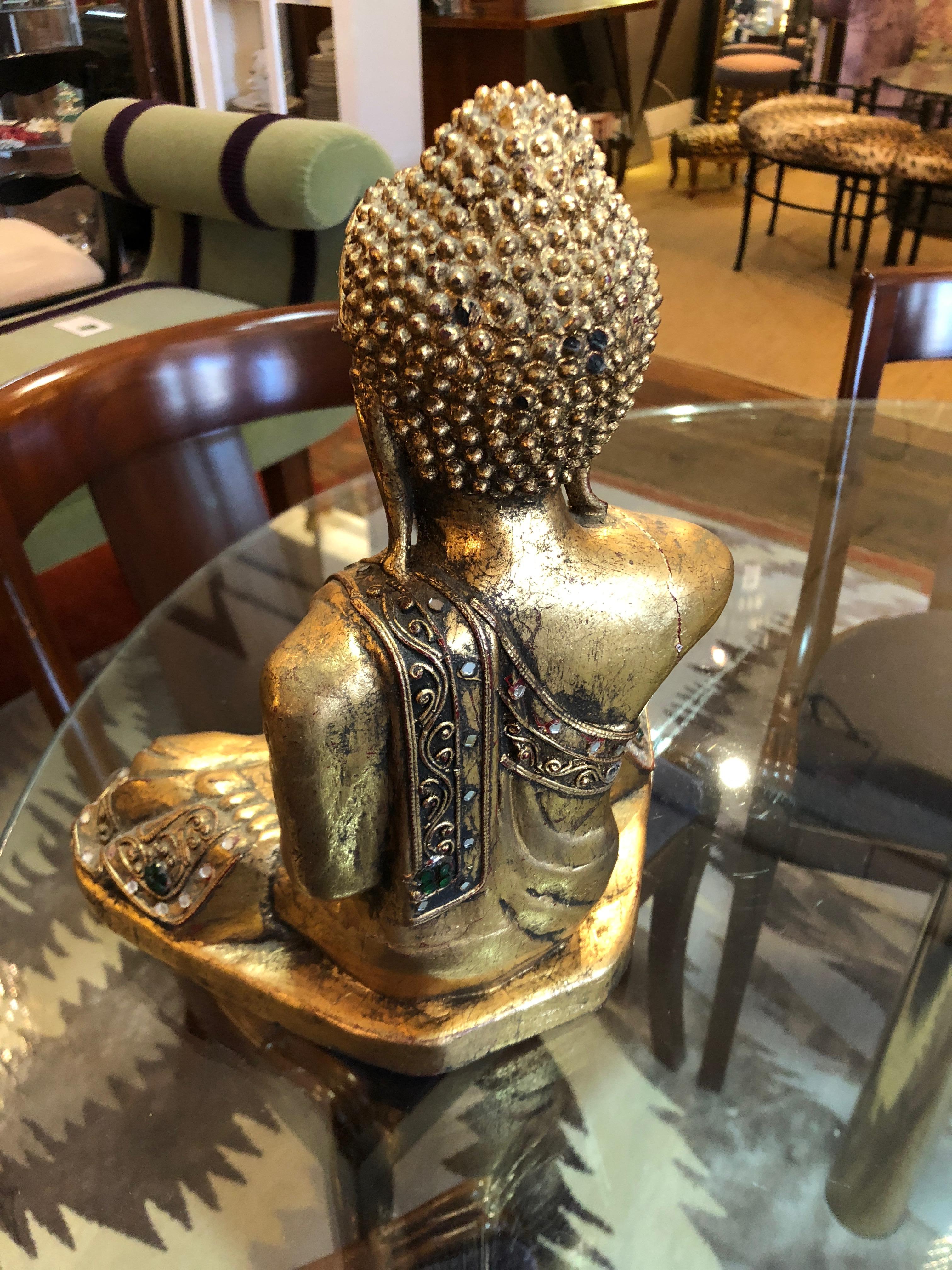 Mid-20th Century Glimmering Giltwood and Bejeweled Buddha Statue