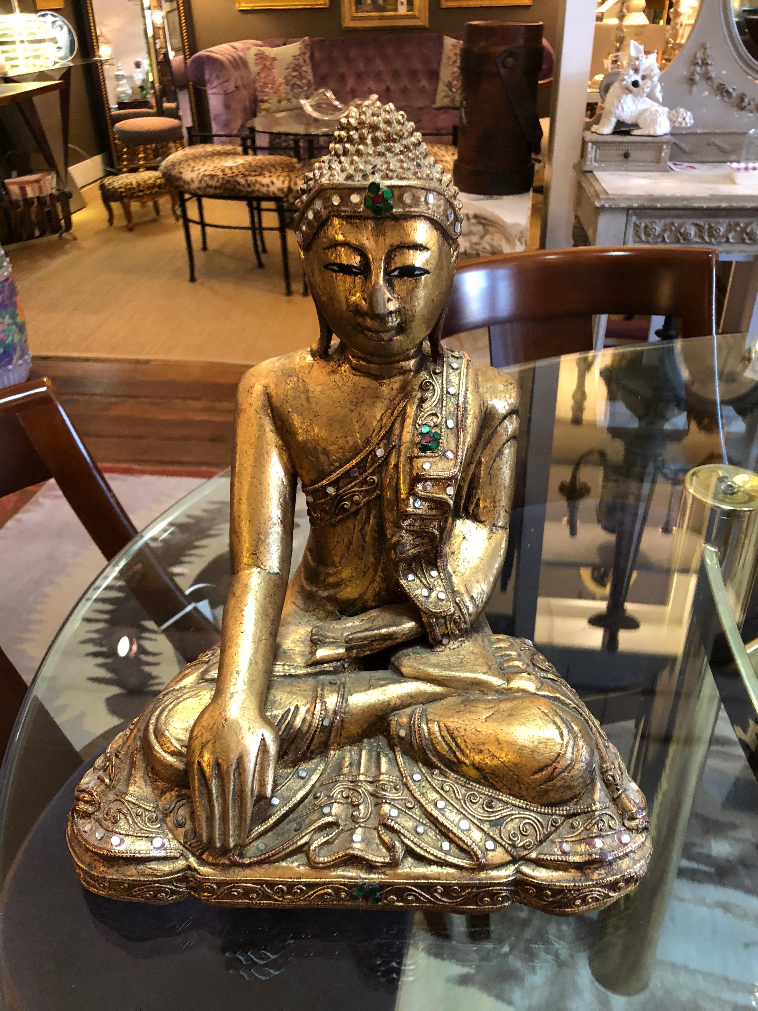 Glimmering Giltwood and Bejeweled Buddha Statue 3