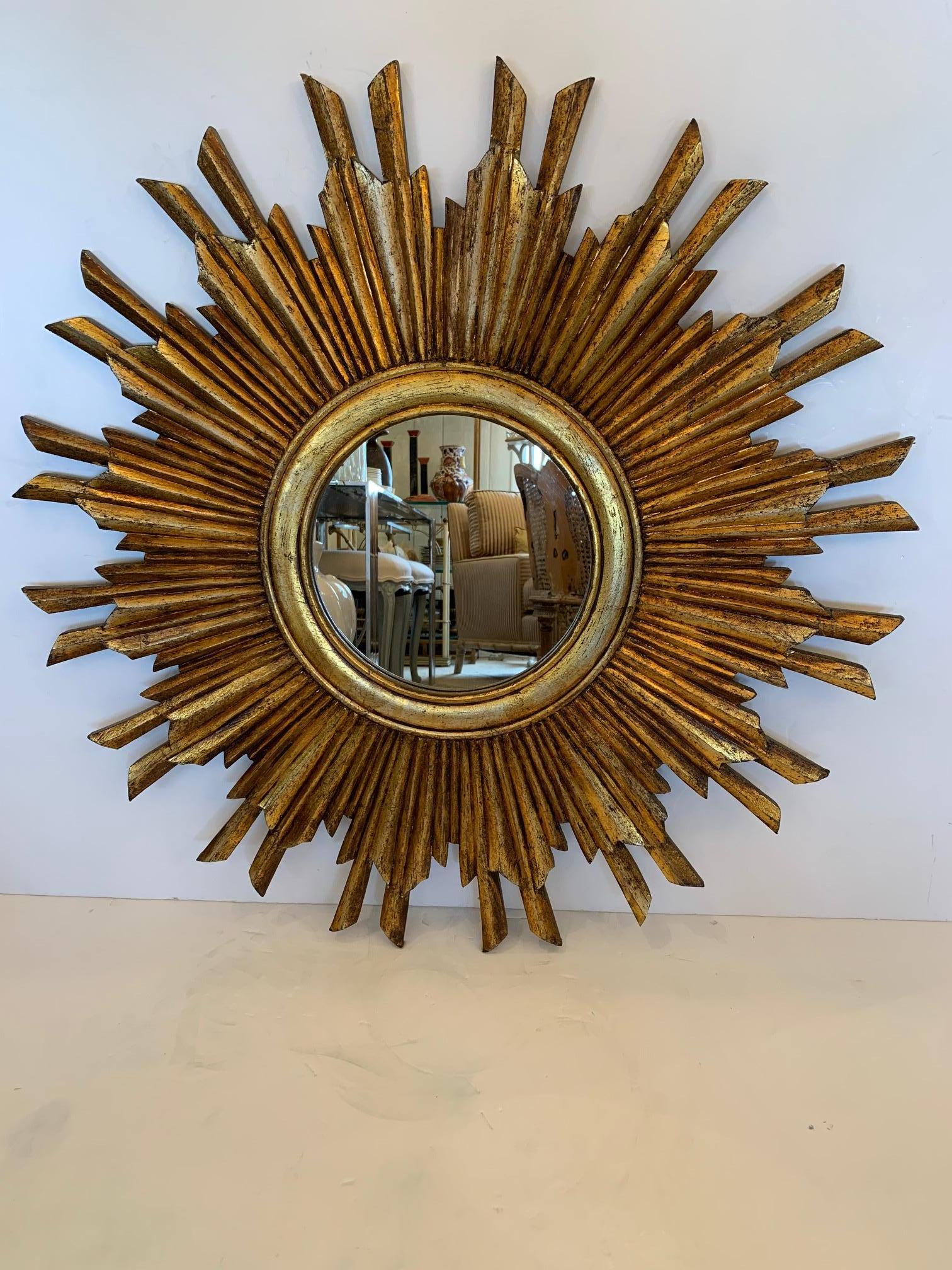 Neoclassical Glimmering Glamorous Giltwood Sunburst Mirror