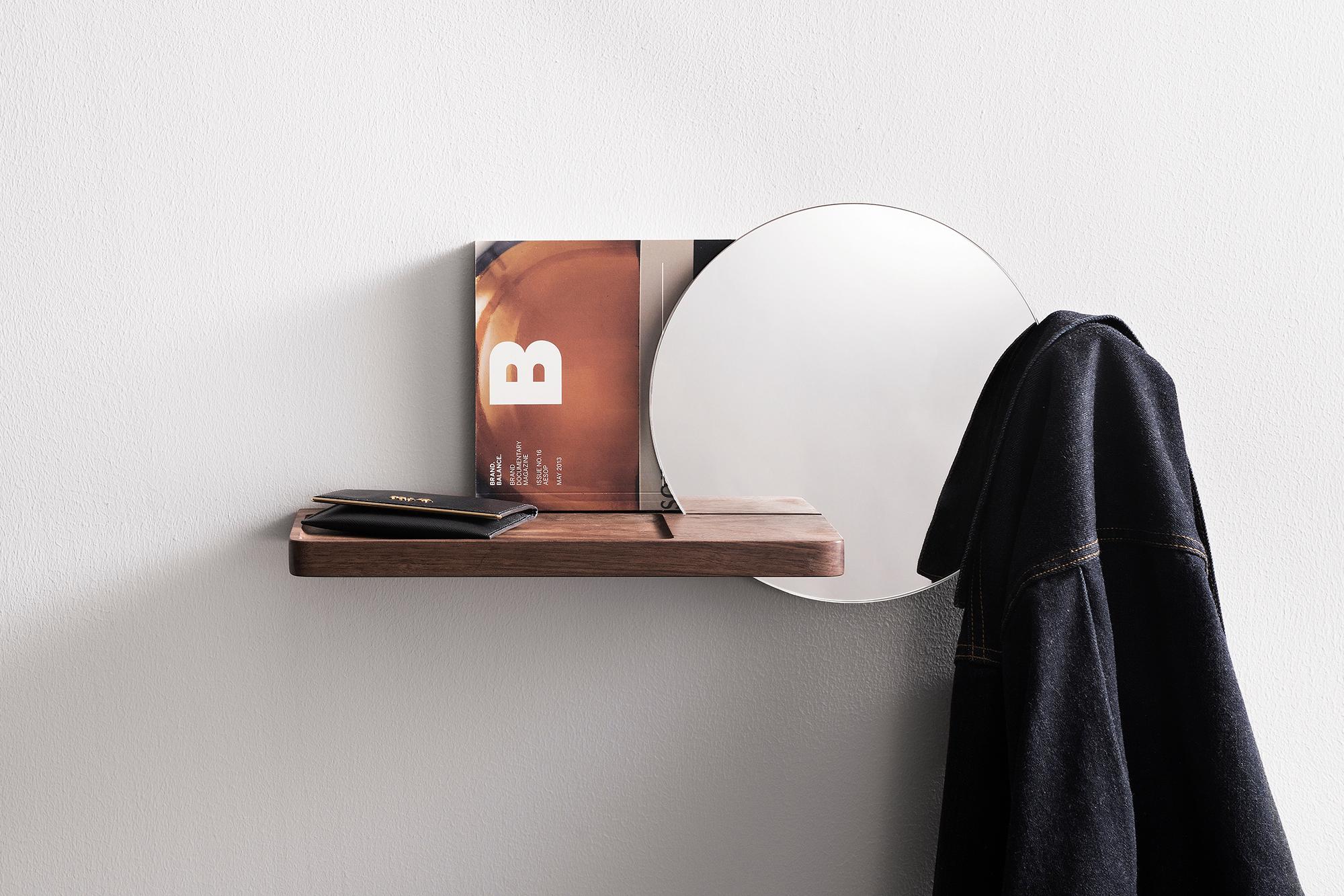 Hand-Crafted Glimpse Wall Mounted Shelf with Mirror & Coat Rack For Sale