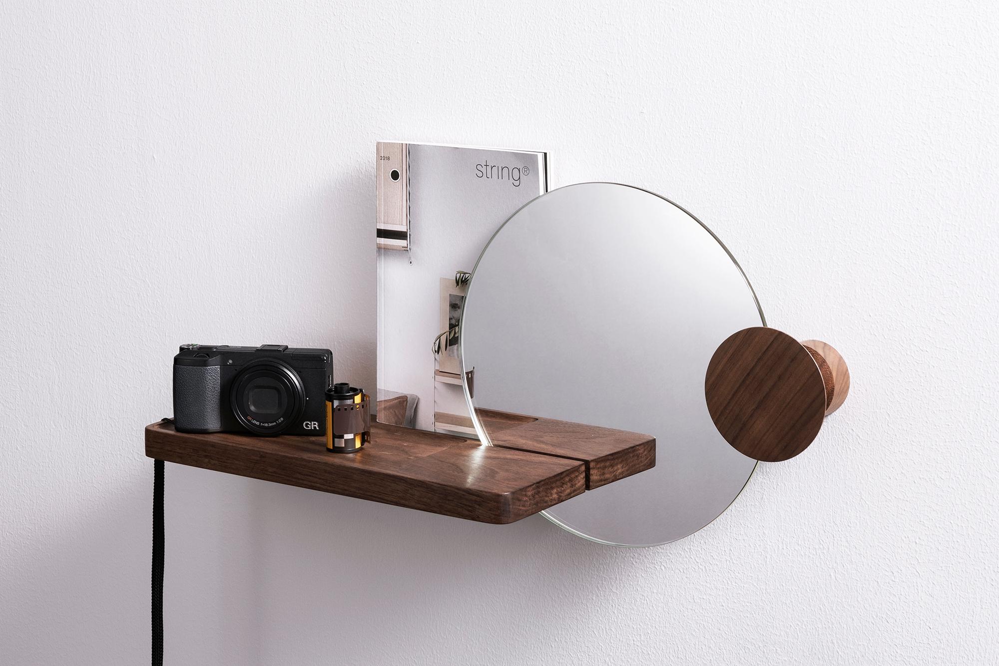 Walnut Glimpse Wall Mounted Shelf with Mirror & Coat Rack For Sale