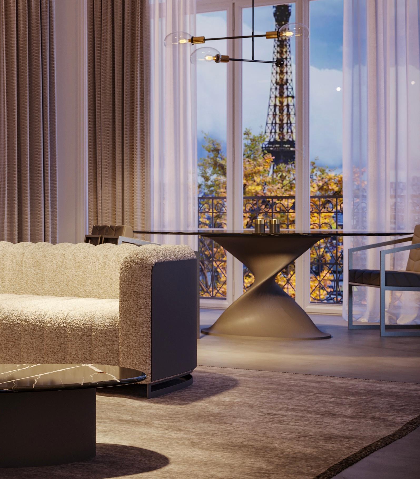 Glissando contemporary quartzite dining table in leather by Mansi London

Dining table with a refined quartzite, signed with a 24Kt gold plated logo. 
The sensually dynamic design of the base solution is a spectacularly twisted leg with a