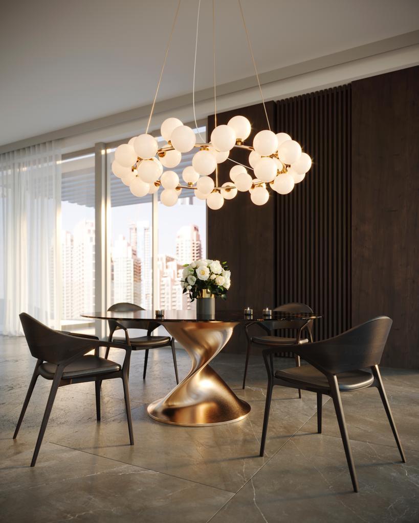 Modern Glissando Contemporary Quartzite Dining Table in Leather by Mansi London For Sale