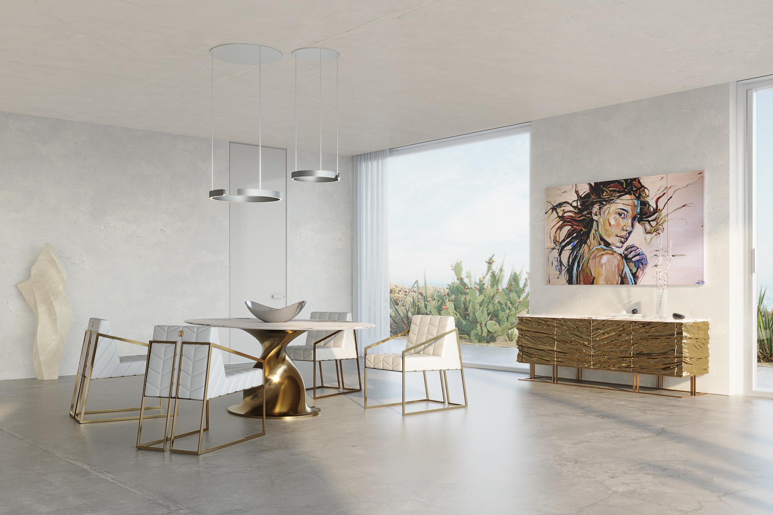 Hand-Crafted Glissando Contemporary Quartzite Dining Table in Leather by Mansi London For Sale