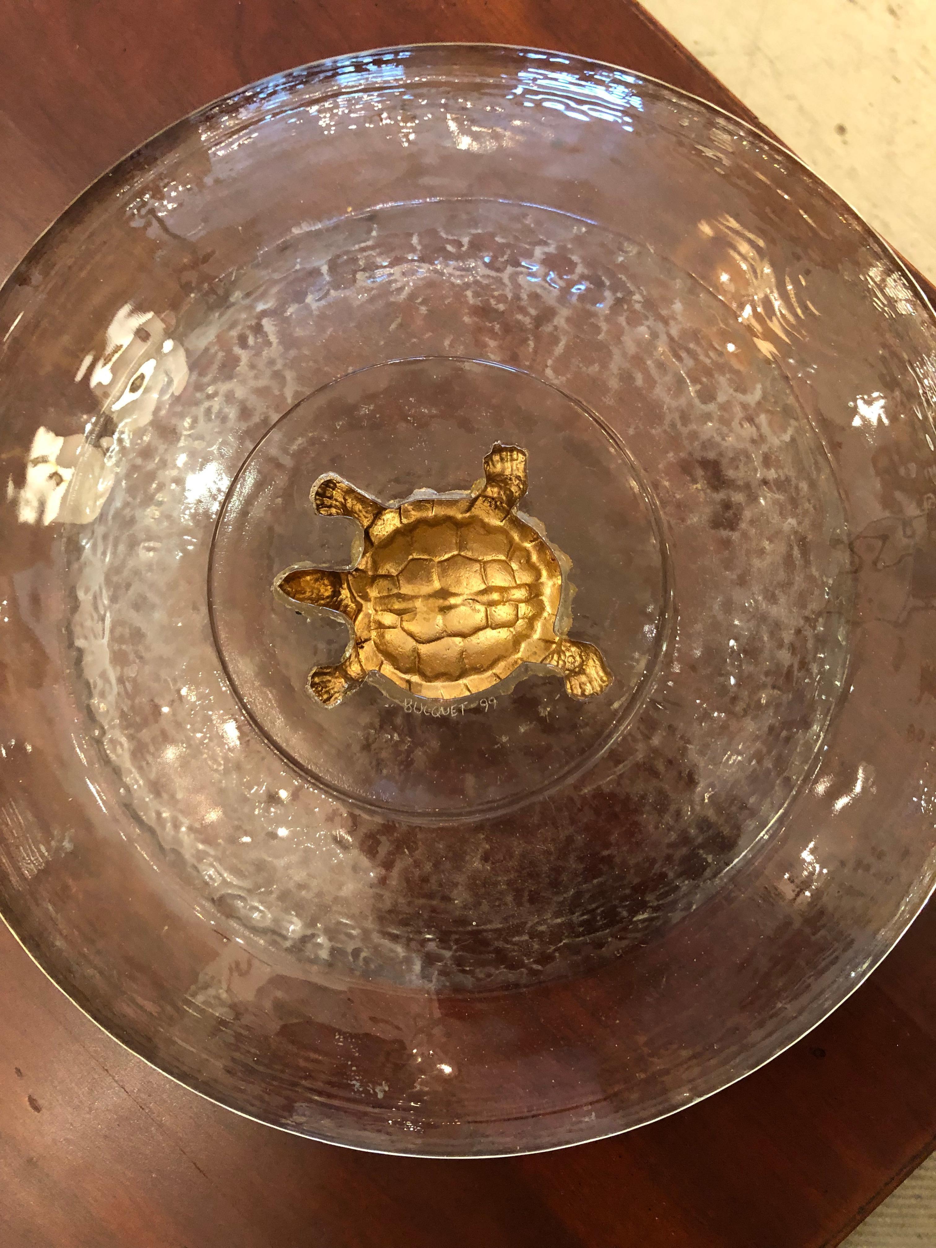 Late 20th Century Glistening Bucquet Rippled Glass Bowl with Copper and Gilded Turtle Decoration For Sale