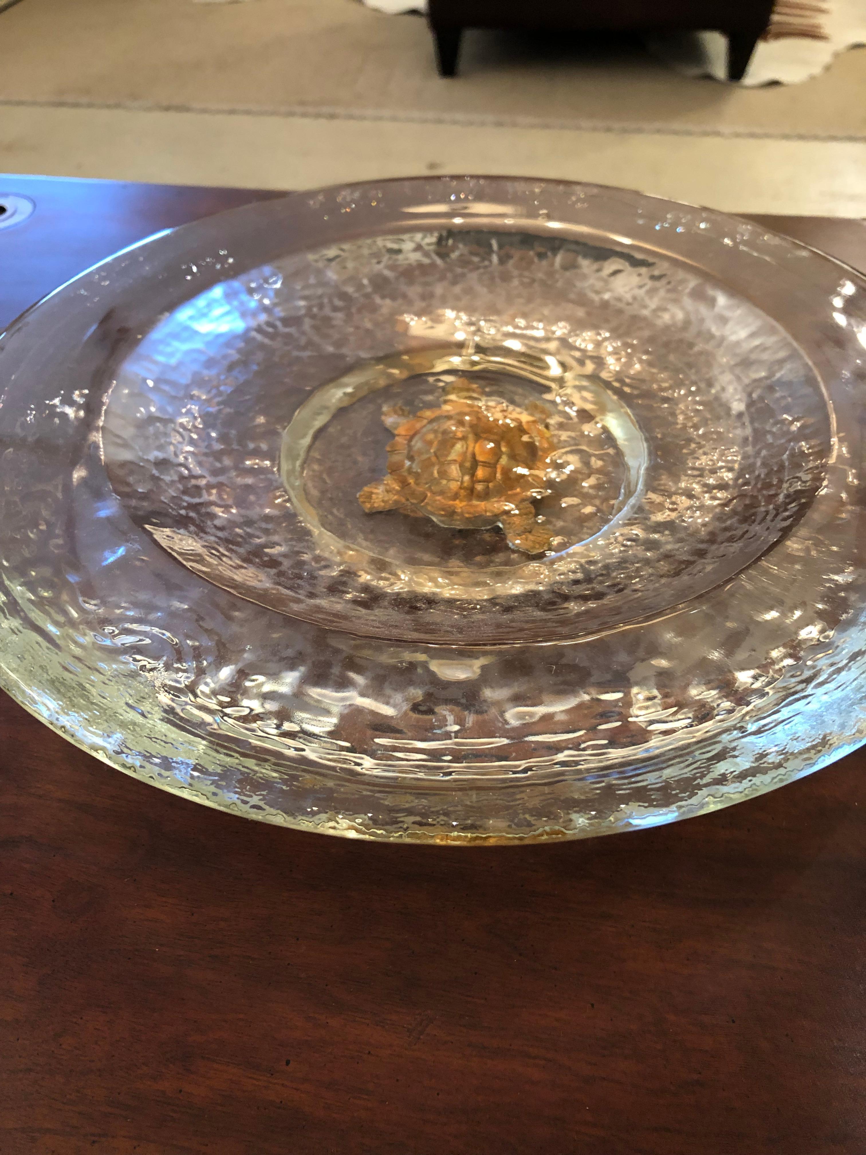 Art Glass Glistening Bucquet Rippled Glass Bowl with Copper and Gilded Turtle Decoration For Sale