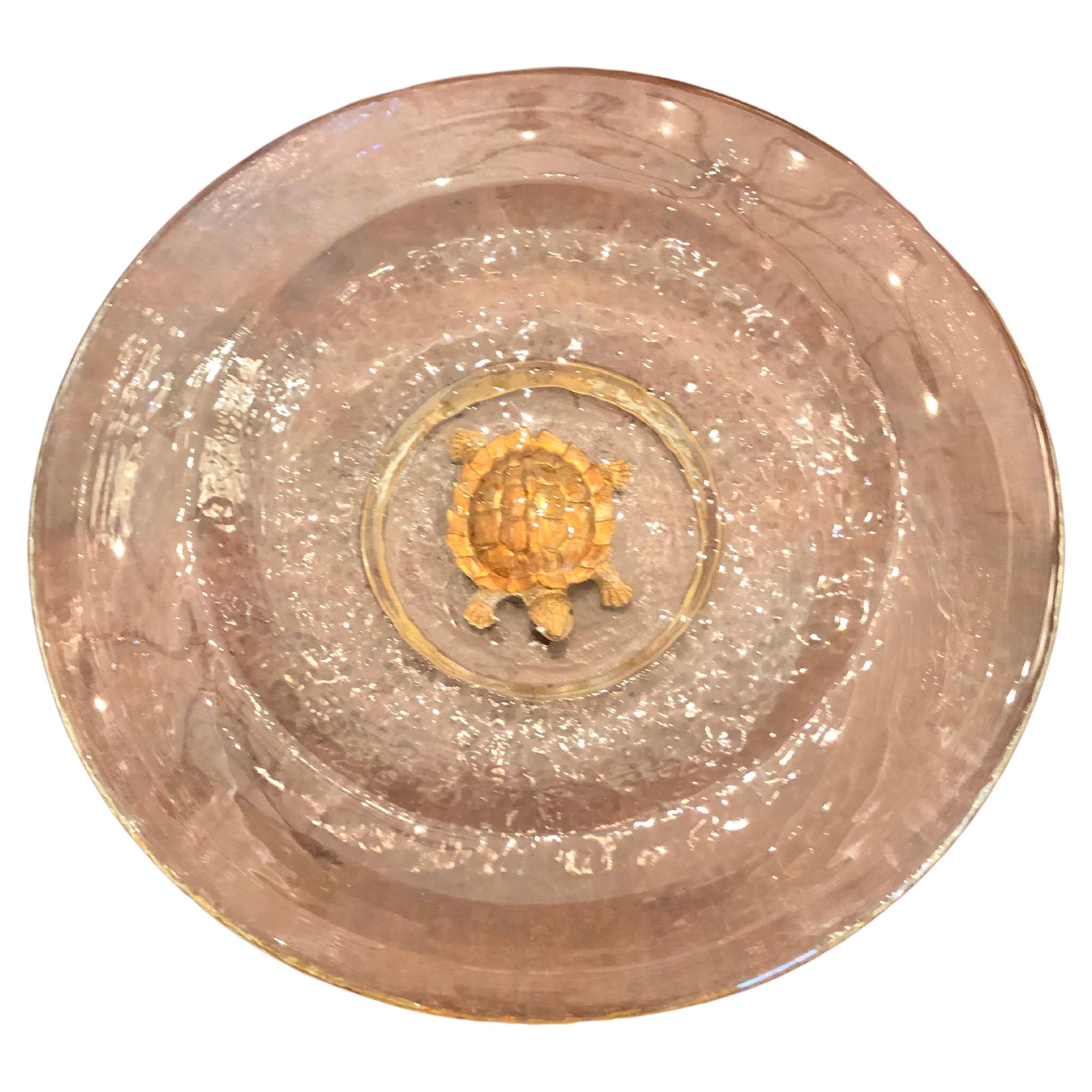 Glistening Bucquet Rippled Glass Bowl with Copper and Gilded Turtle Decoration For Sale