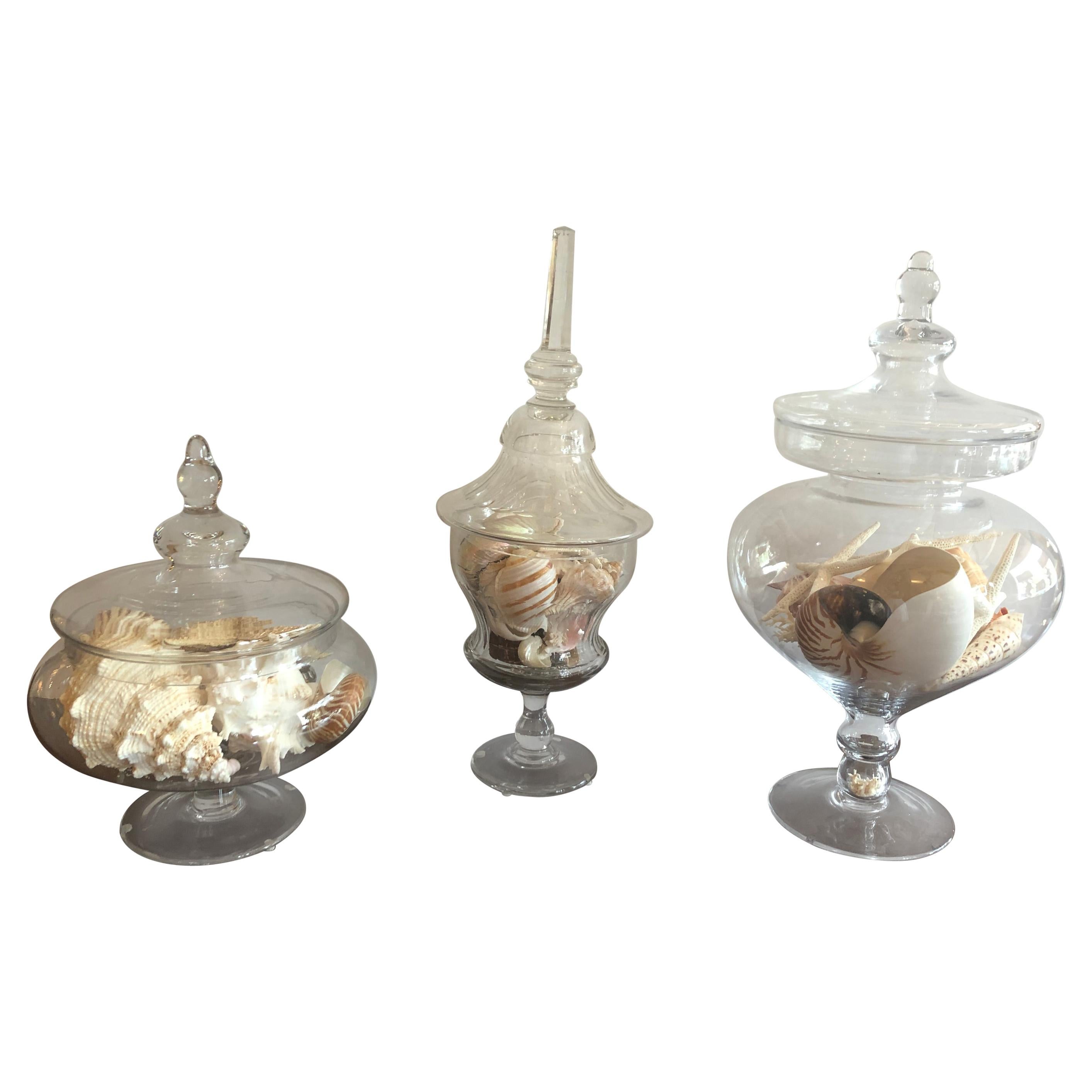 Glistening Collection of 3 Large Crystal and Glass Lidded Urns For Sale