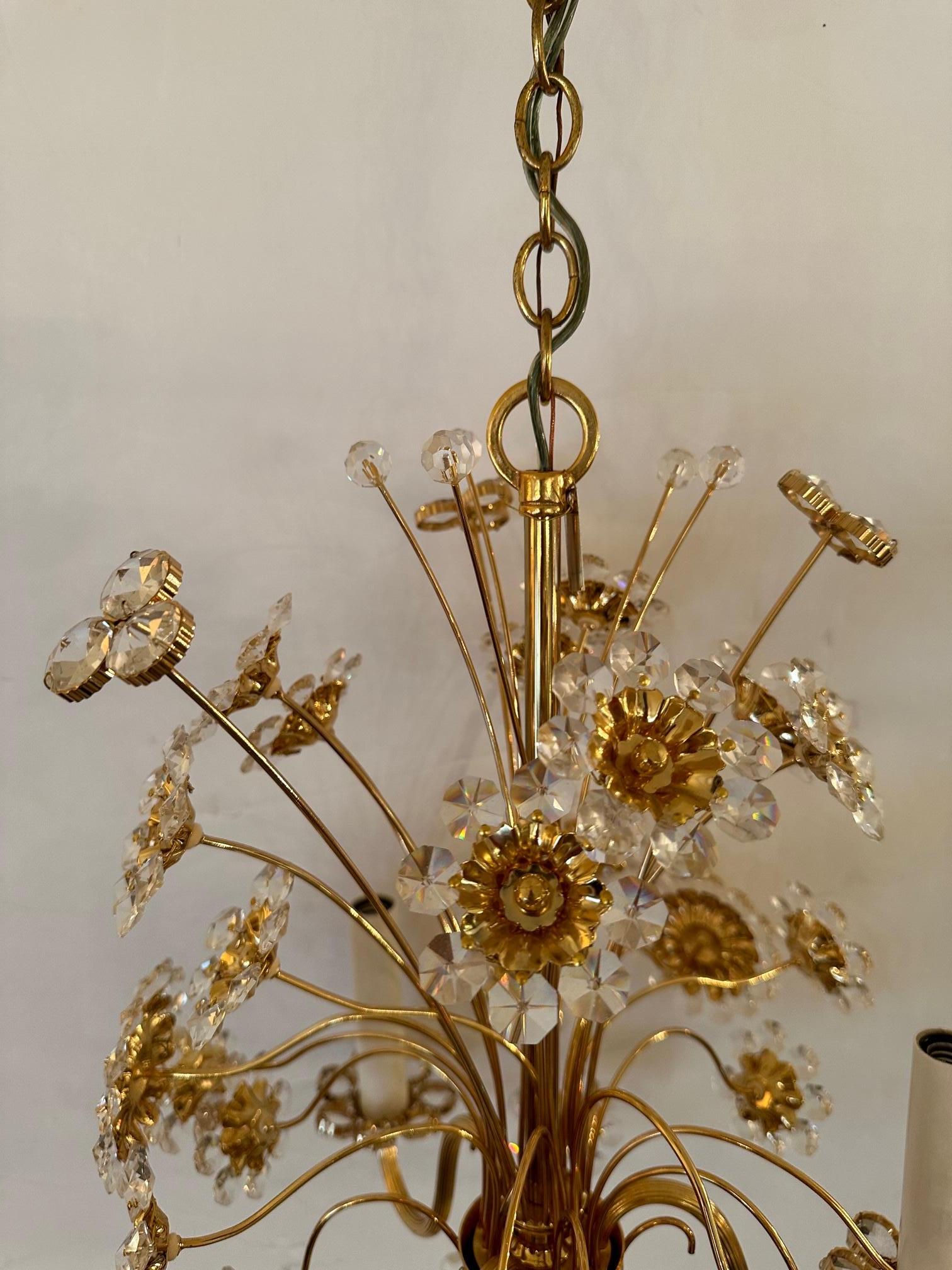 Glistening German Jewel 24 Carat Gold Plated & Crystal Flower Chandelier In Good Condition For Sale In Hopewell, NJ