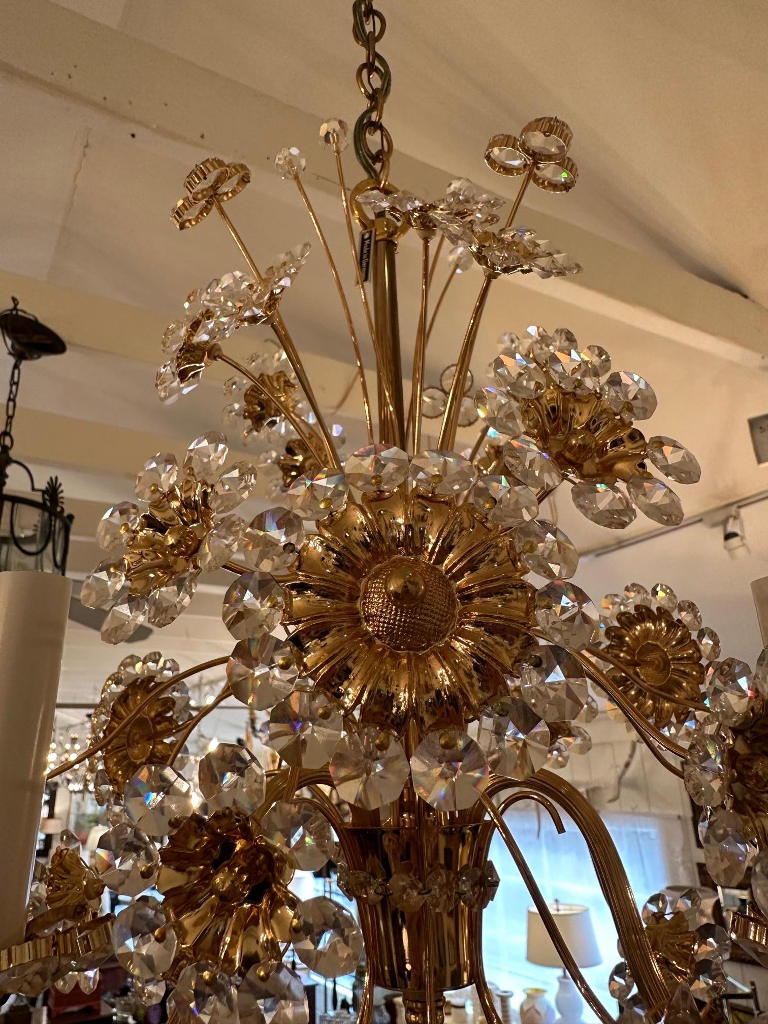 Mid-20th Century Glistening German Jewel 24 Carat Gold Plated & Crystal Flower Chandelier For Sale