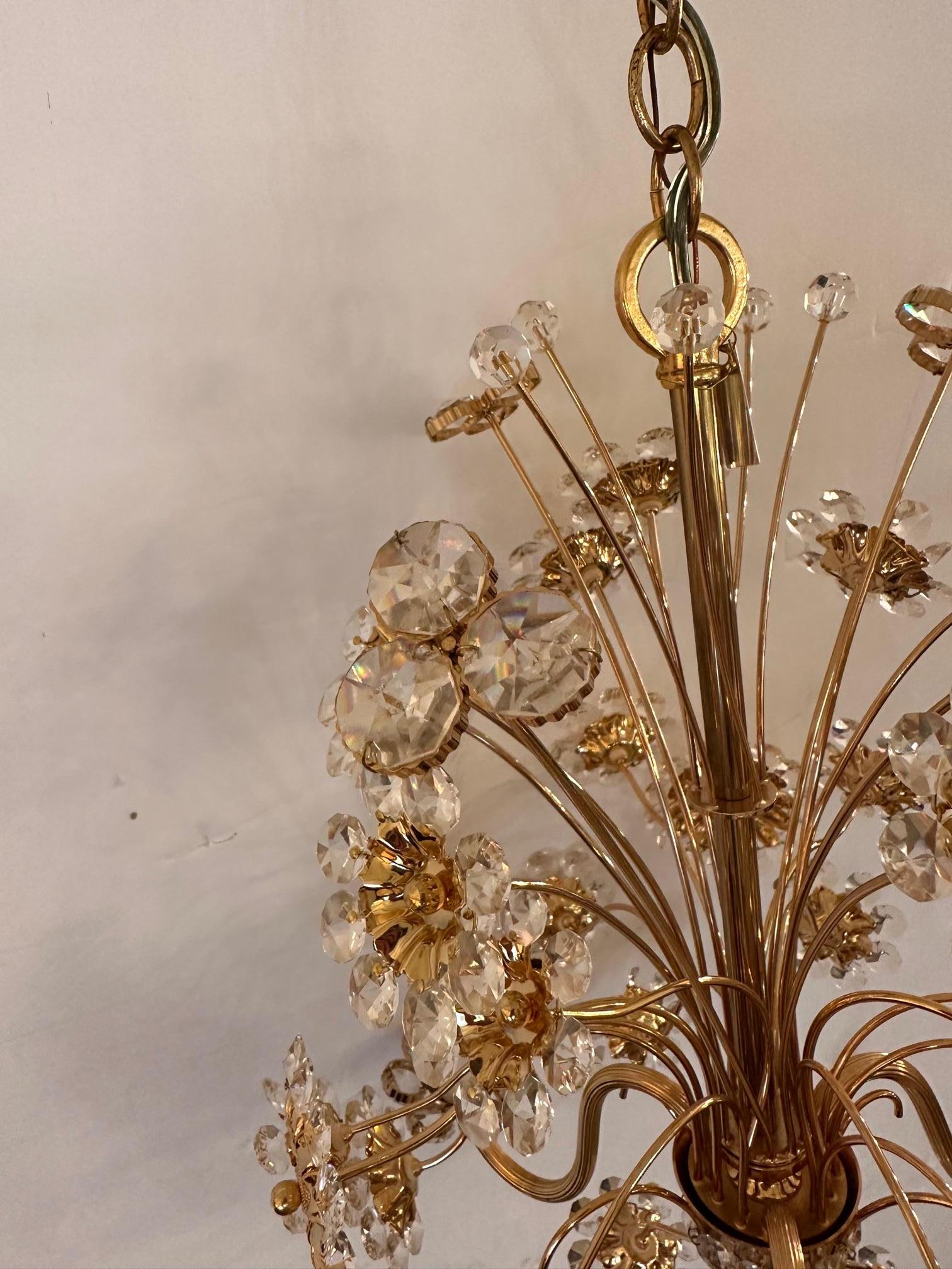 Glistening German Jewel 24 Carat Gold Plated & Crystal Flower Chandelier For Sale 1