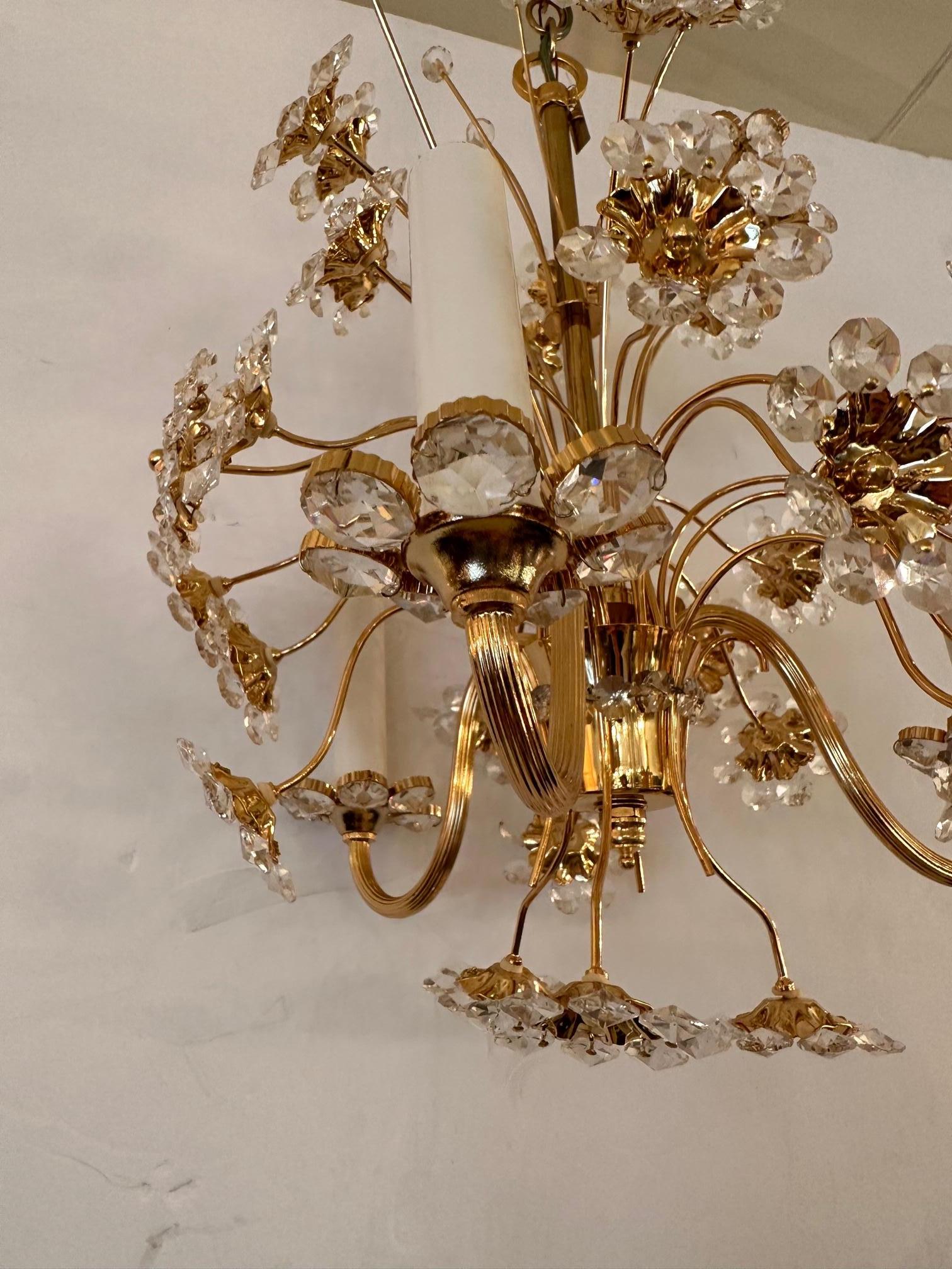 Glistening German Jewel 24 Carat Gold Plated & Crystal Flower Chandelier For Sale 2