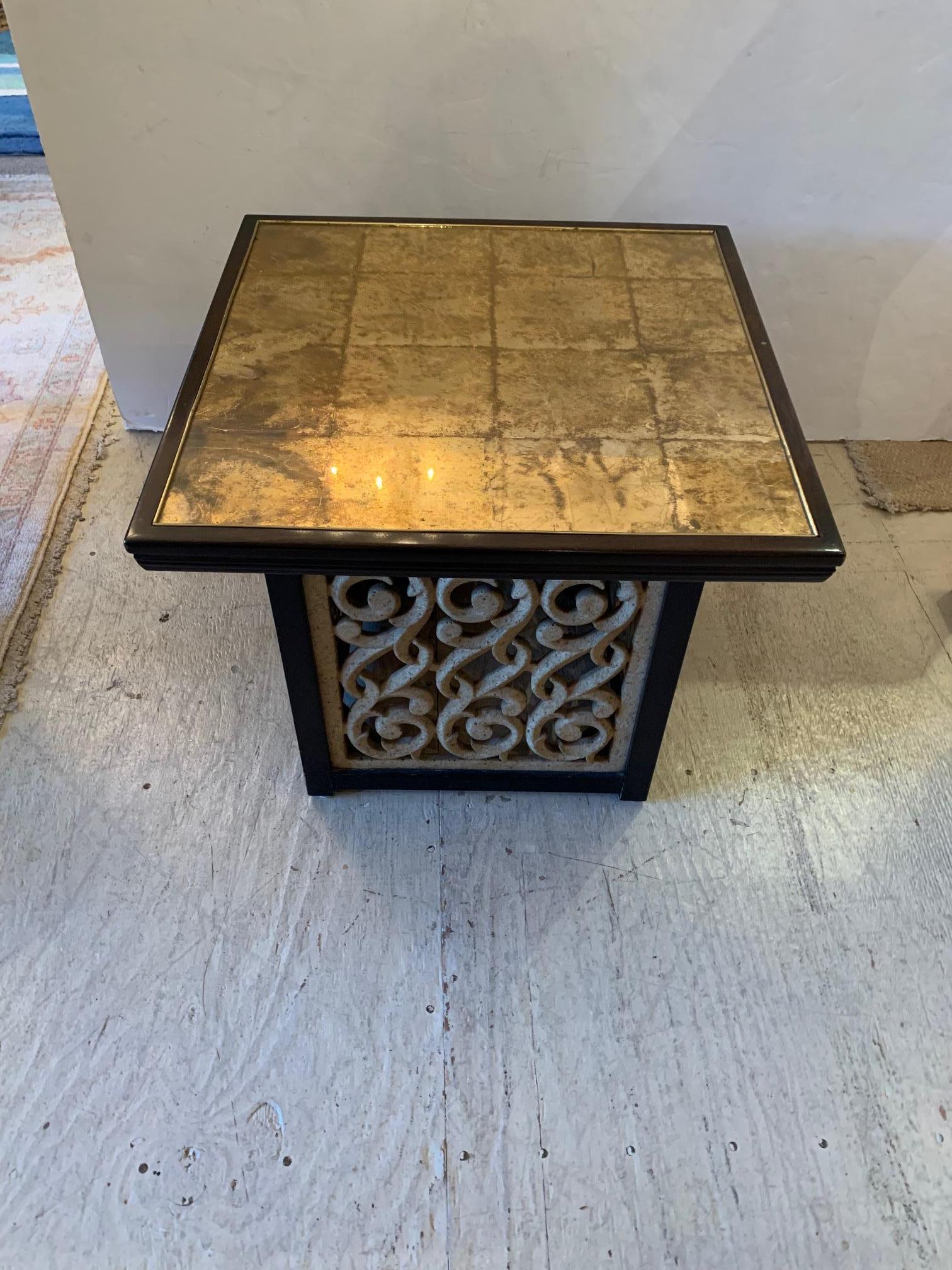 Glistening Glam Square Gold Mirrored End Table with Open Grillwork Base For Sale 5