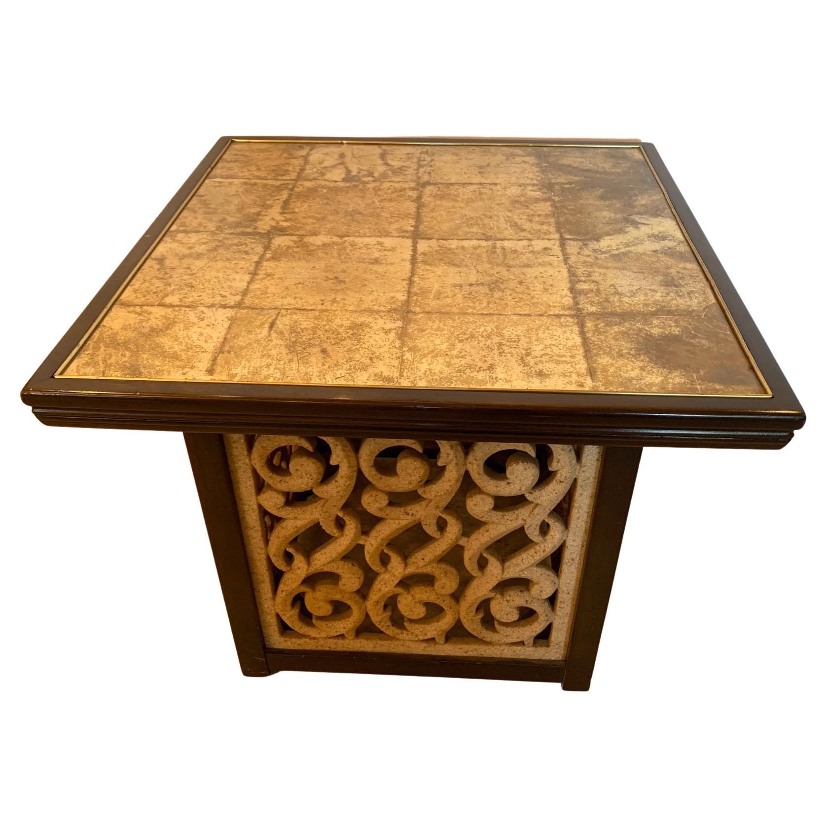 Glistening Glam Square Gold Mirrored End Table with Open Grillwork Base For Sale