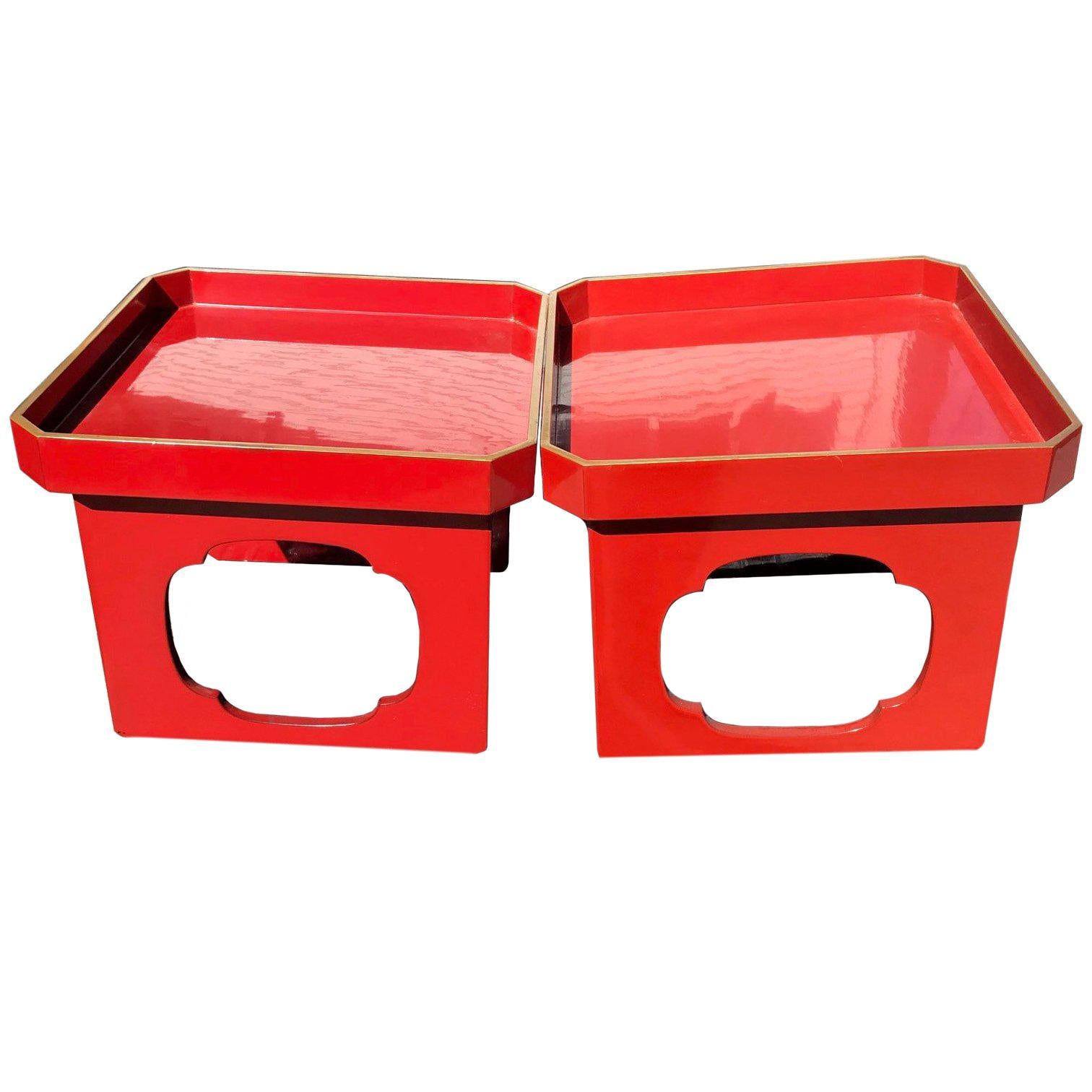 Glistening Japanese Pair of Antique Red & Black Lacquer Pedestals, Food Servers