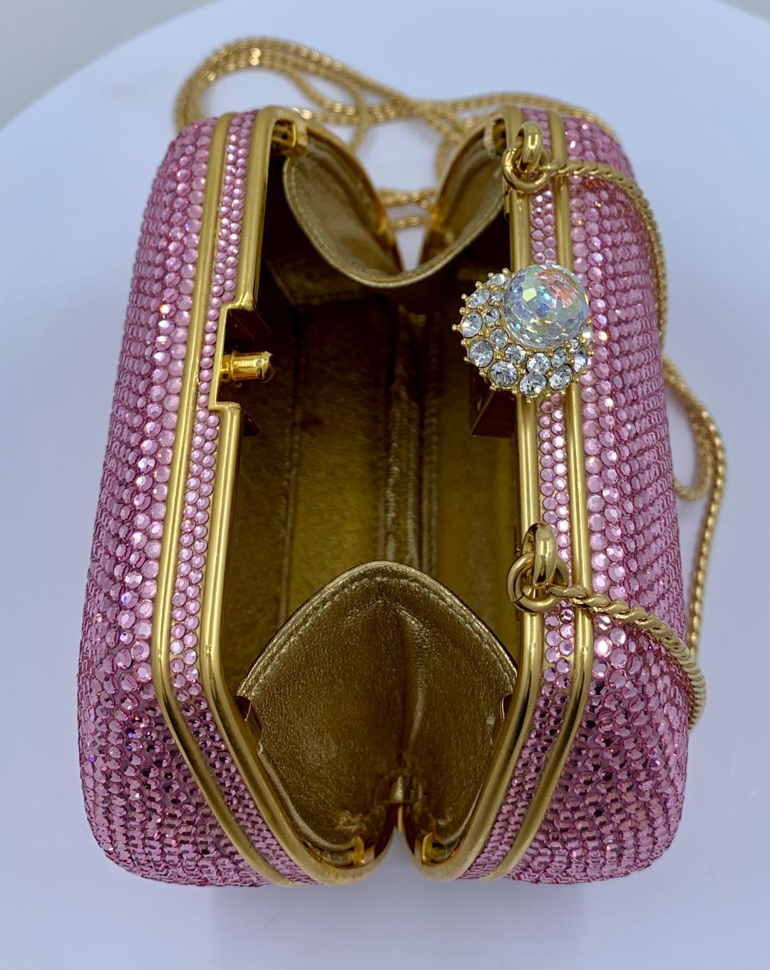 Glistening Judith Leiber Pink Crystal Minaudiere Evening Bag With Shoulder Chain 5