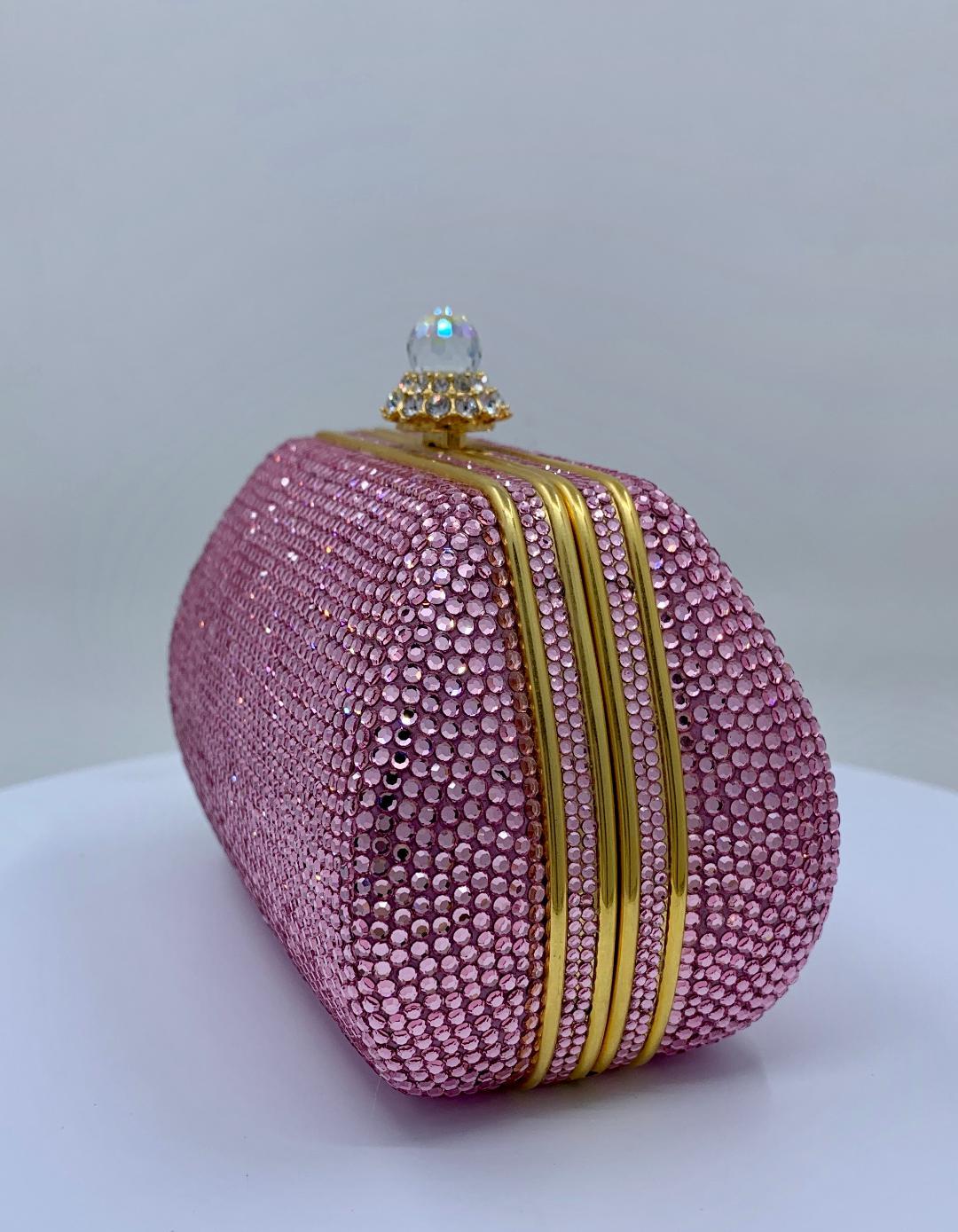 Glistening Judith Leiber Pink Crystal Minaudiere Evening Bag With Shoulder Chain 6