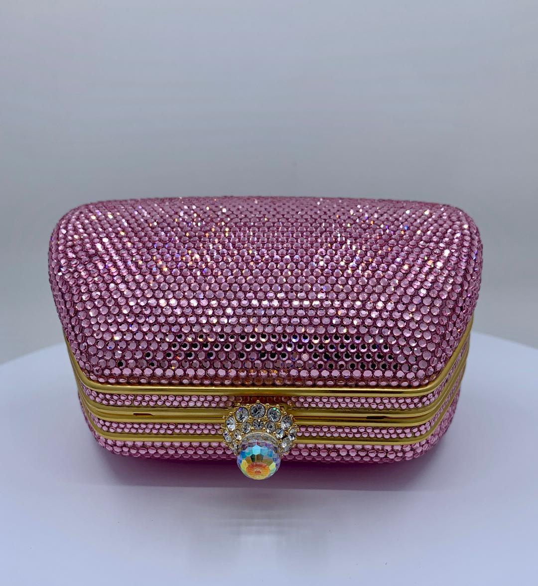 Glistening Judith Leiber Pink Crystal Minaudiere Evening Bag With Shoulder Chain 7