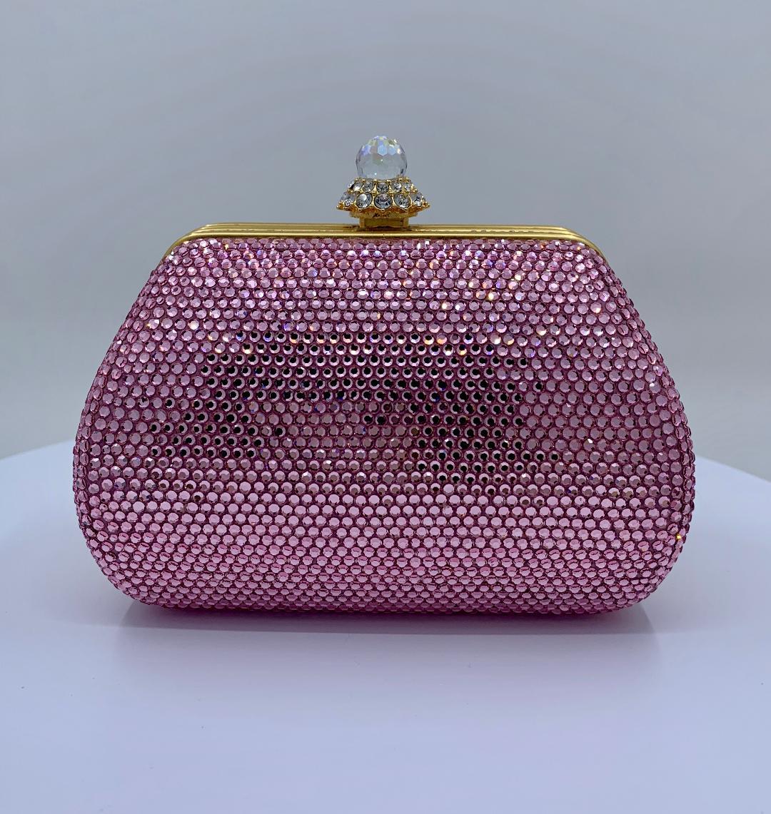 Glistening Judith Leiber Pink Crystal Minaudiere Evening Bag With Shoulder Chain 8