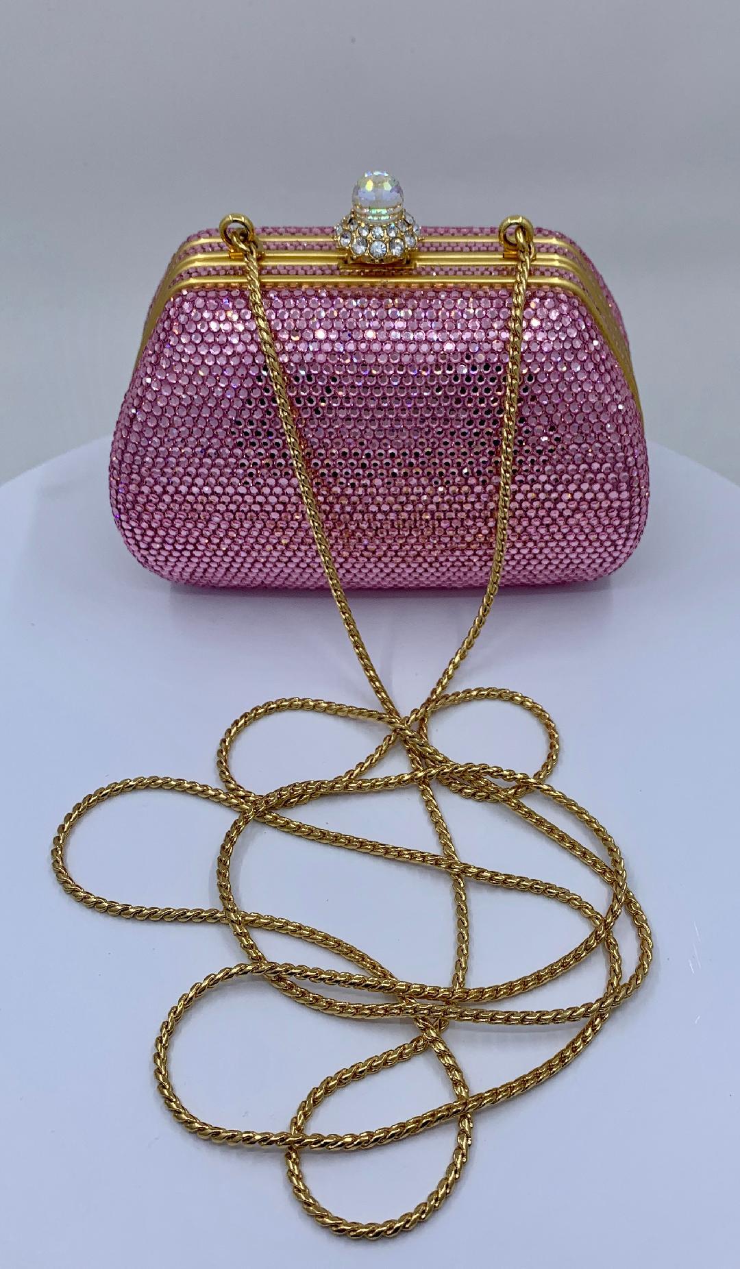 Glistening Judith Leiber Pink Crystal Minaudiere Evening Bag With Shoulder Chain 9