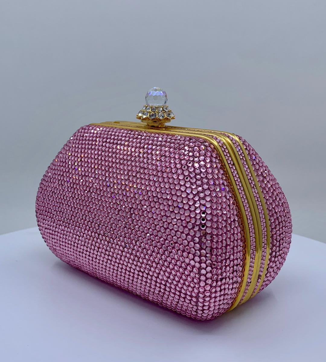 Brown Glistening Judith Leiber Pink Crystal Minaudiere Evening Bag With Shoulder Chain