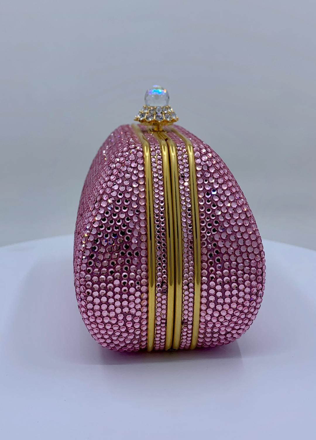 Glistening Judith Leiber Pink Crystal Minaudiere Evening Bag With Shoulder Chain In Excellent Condition In Tustin, CA