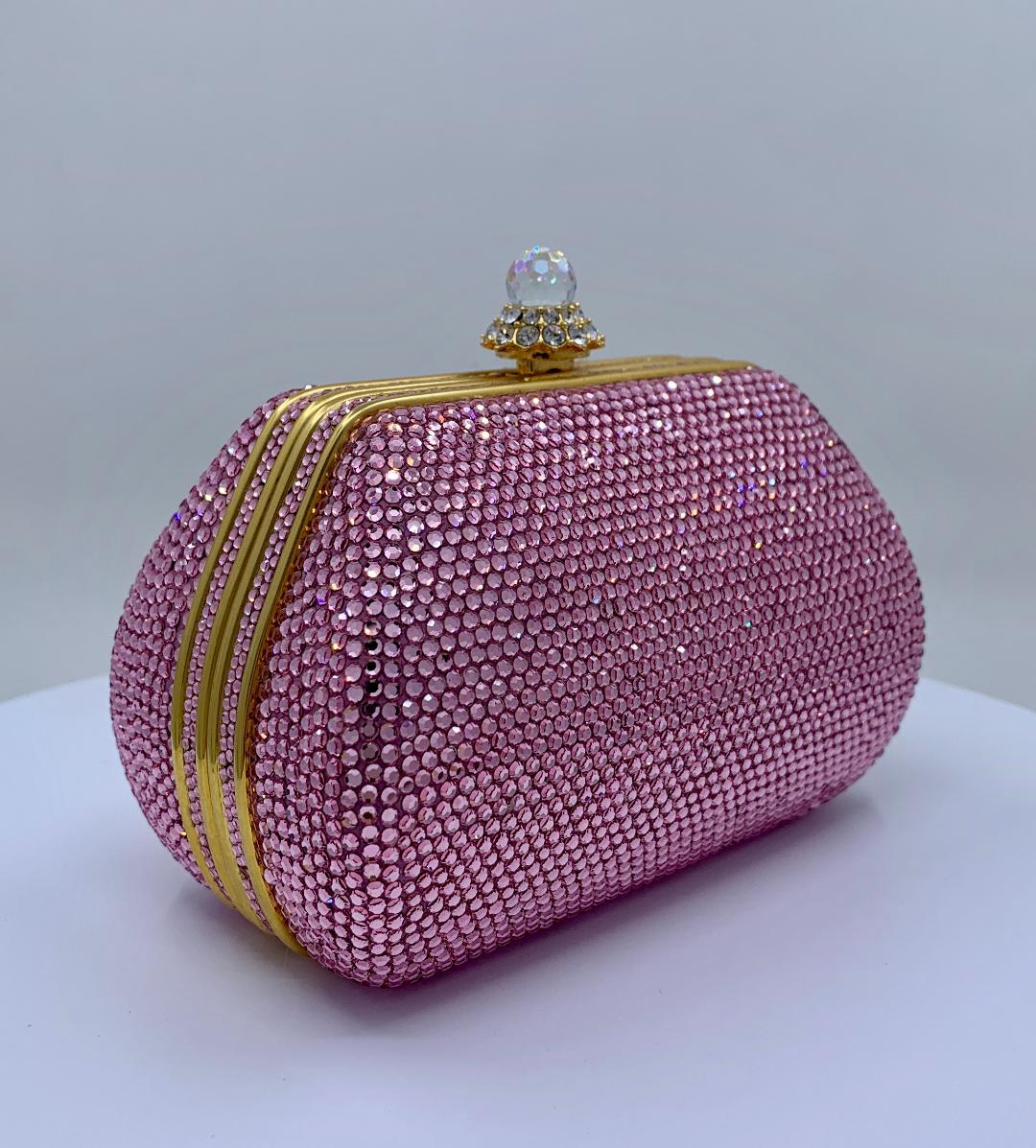 Women's Glistening Judith Leiber Pink Crystal Minaudiere Evening Bag With Shoulder Chain