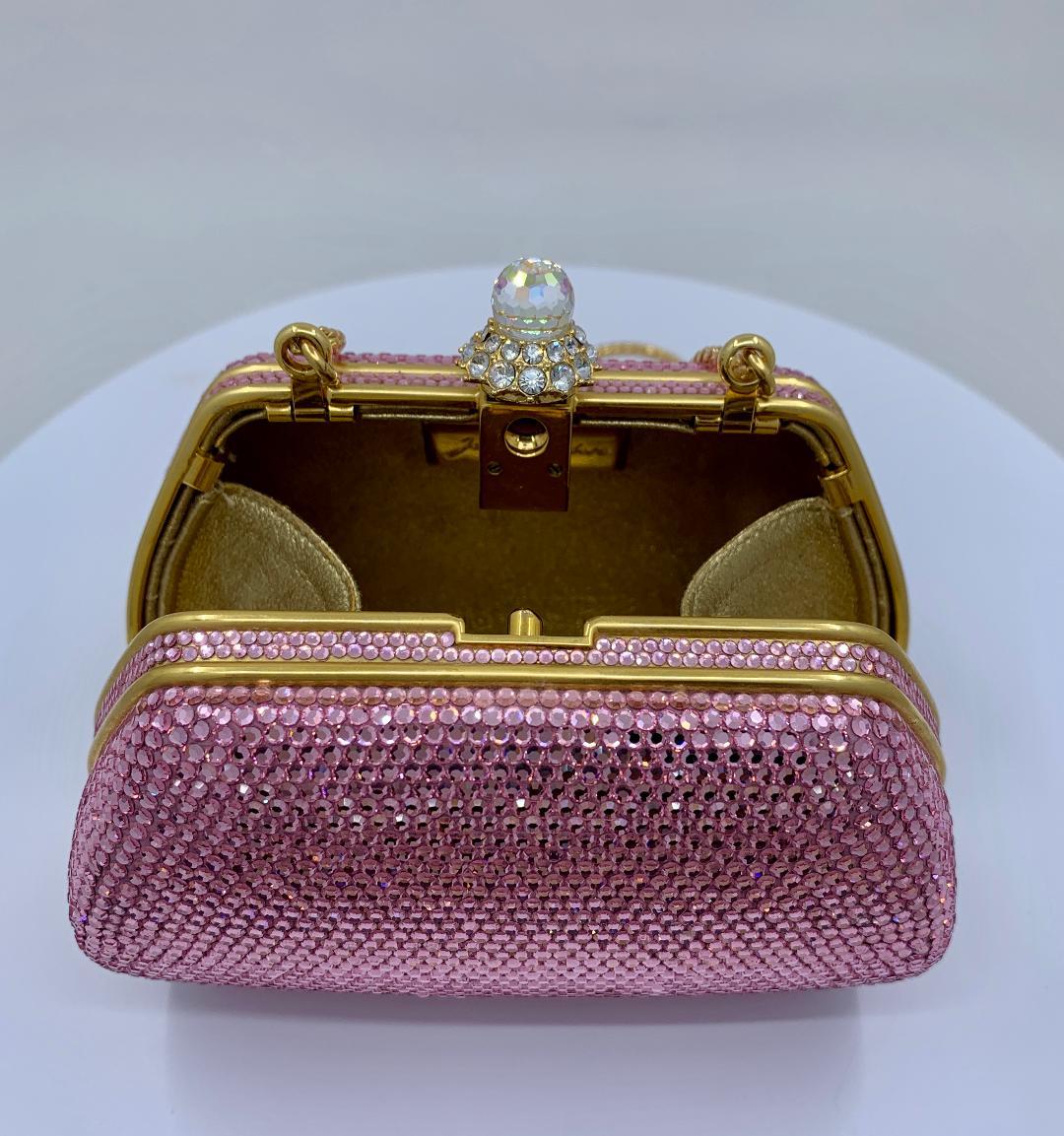 Glistening Judith Leiber Pink Crystal Minaudiere Evening Bag With Shoulder Chain 2