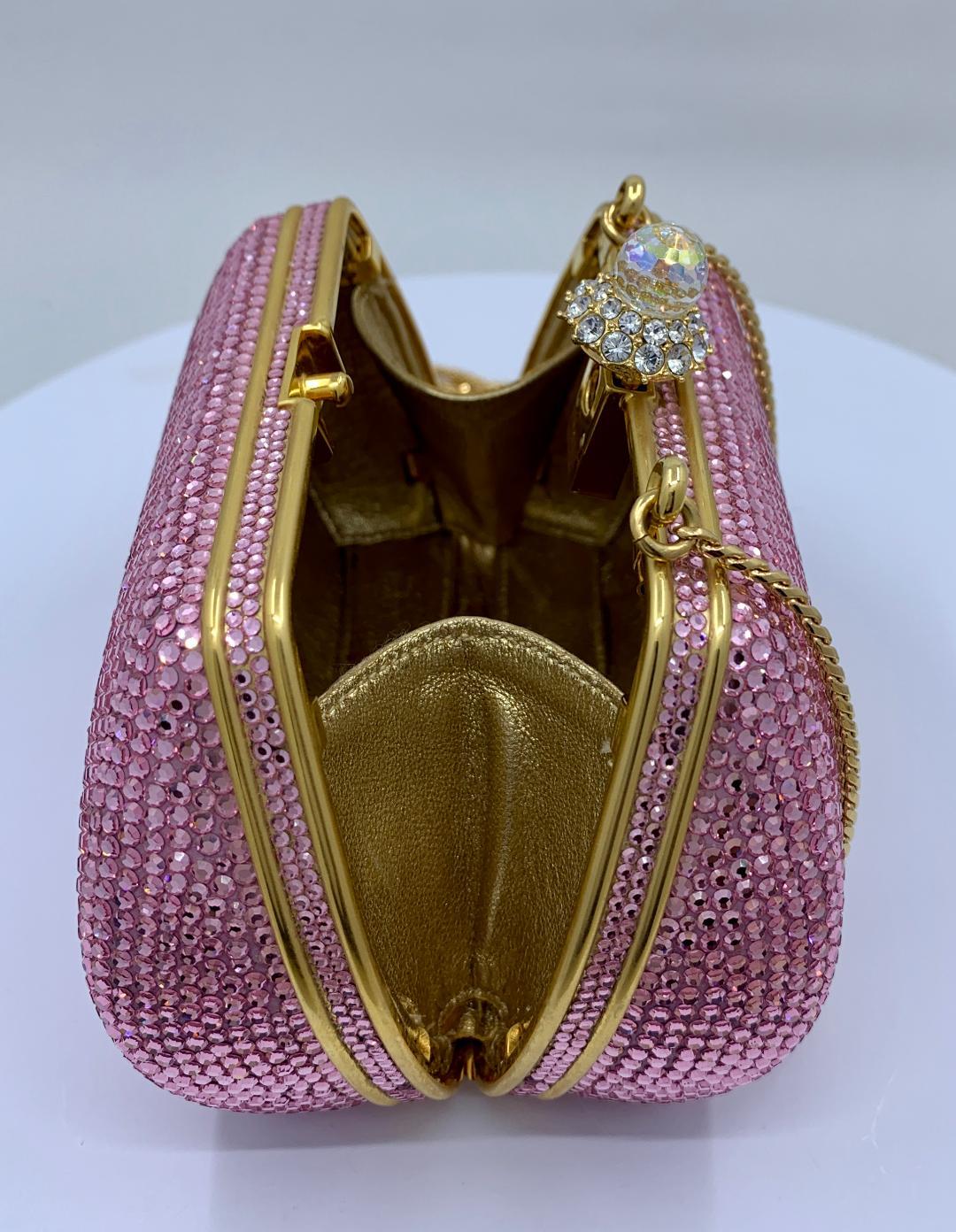 Glistening Judith Leiber Pink Crystal Minaudiere Evening Bag With Shoulder Chain 3
