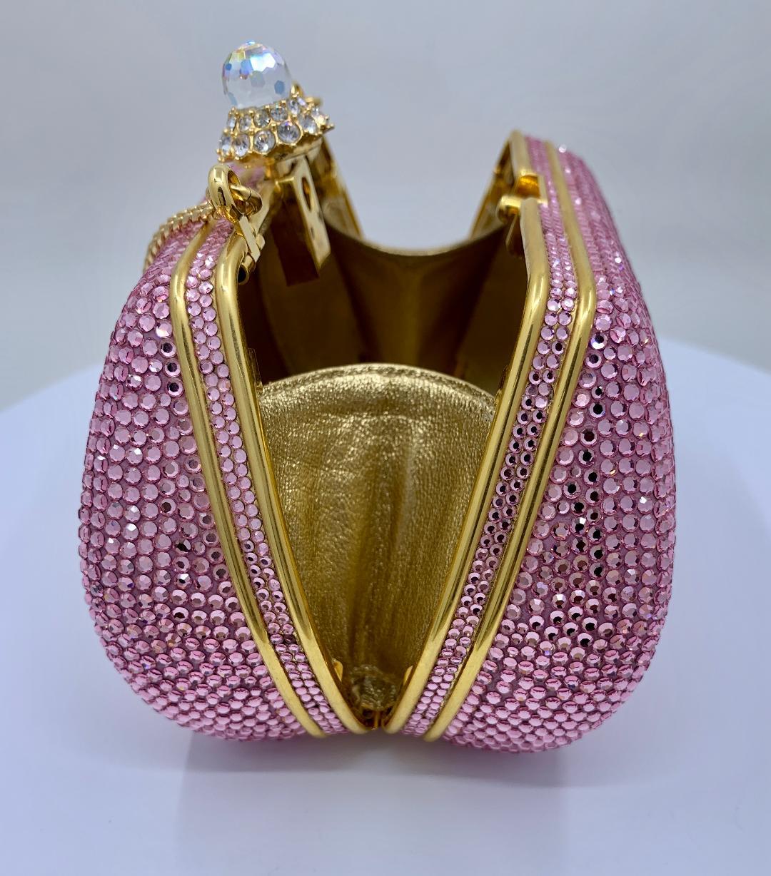 Glistening Judith Leiber Pink Crystal Minaudiere Evening Bag With Shoulder Chain 4