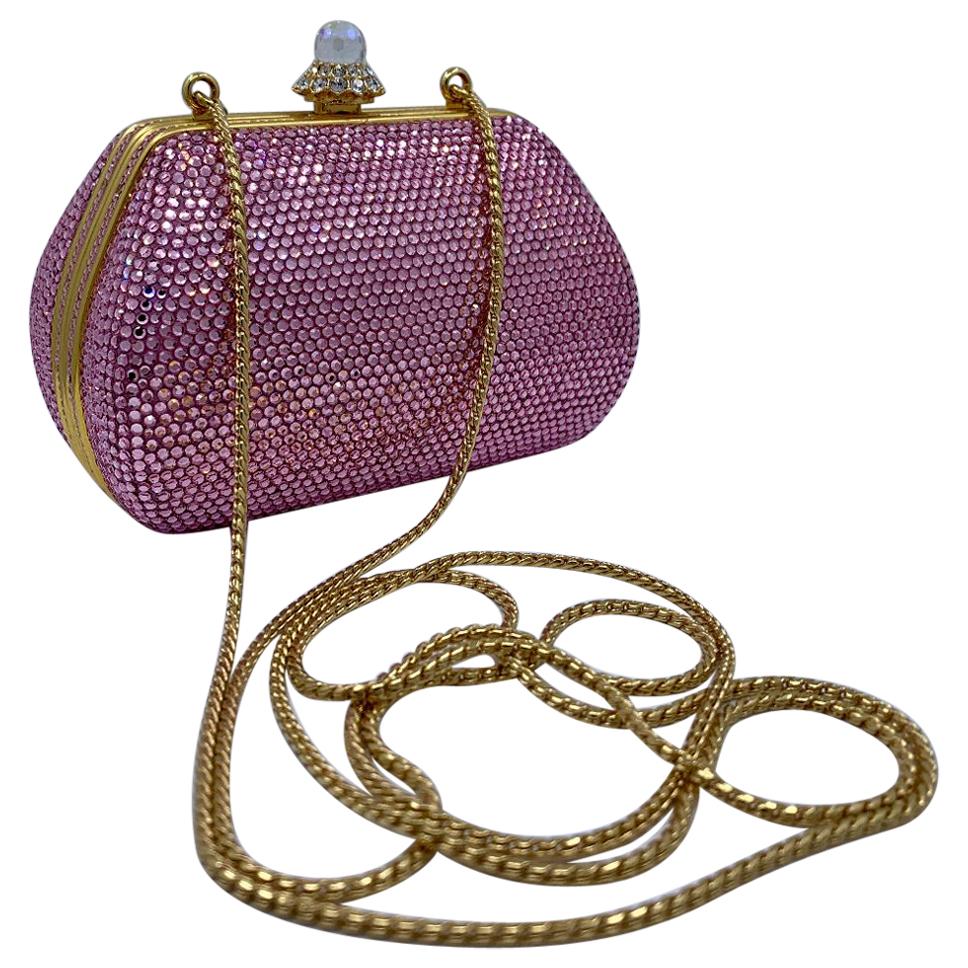 Glistening Judith Leiber Pink Crystal Minaudiere Evening Bag With Shoulder Chain