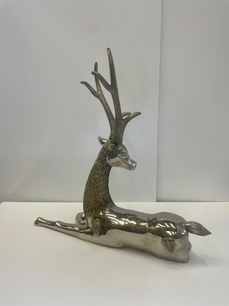 Glistening Large Nickel Plated Cast Brass Deer Sculpture For Sale at 1stDibs