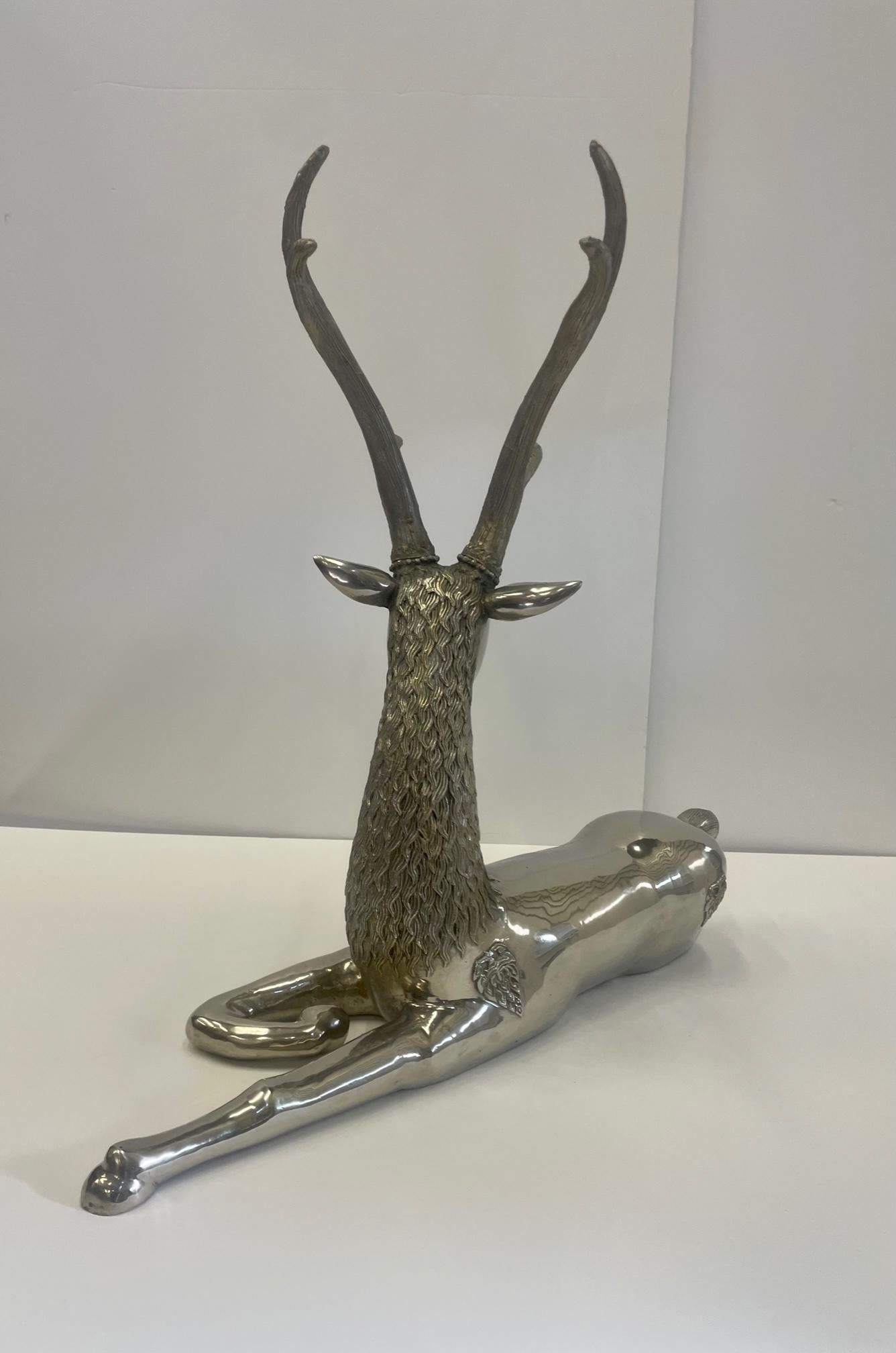 American Glistening Large Nickel Plated Cast Brass Deer Sculpture For Sale