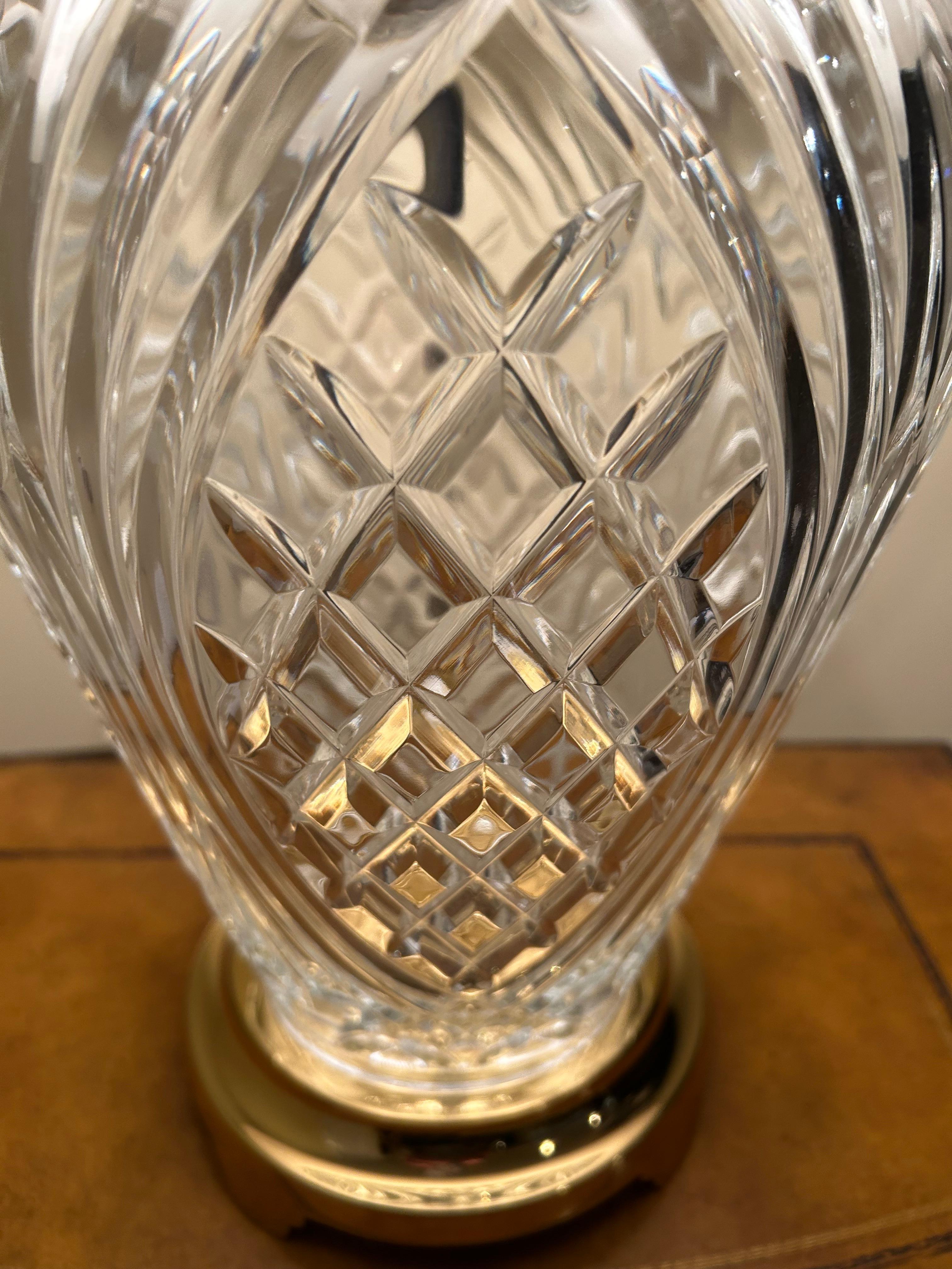 Classic large crystal Waterford table lamps having pineapple shape and large silk shades.  3 way socket
Lamp is 10” diameter; shade 21” diameter at bottom