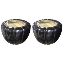 Glistening Old Japan Pair of Antique Black Lacquer Bowls Hibachi Planters