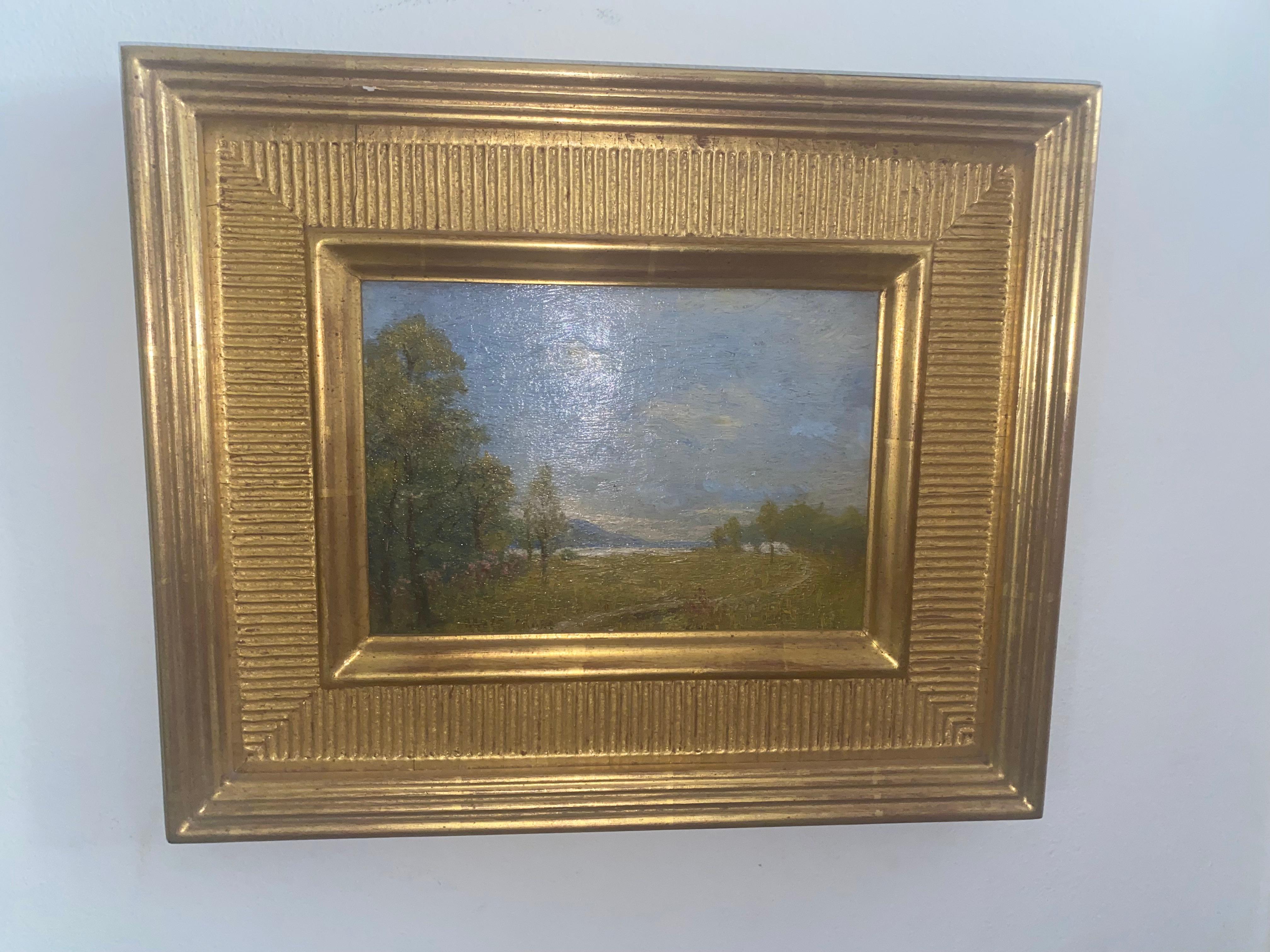 Bruce Crane pair of American impressionist landscape paintings in gilt frames.  Signed lower left.
With frame: 13.25” X 11” H 
Just painting: 7.5” X 5.25”. 

Bruce (Robert Bruce) Crane (1857 - 1937) was active/lived in Connecticut, New York. He is