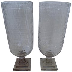 Glistening Pair of Cylindrical Cut Glass Hurricanes Candle Holders